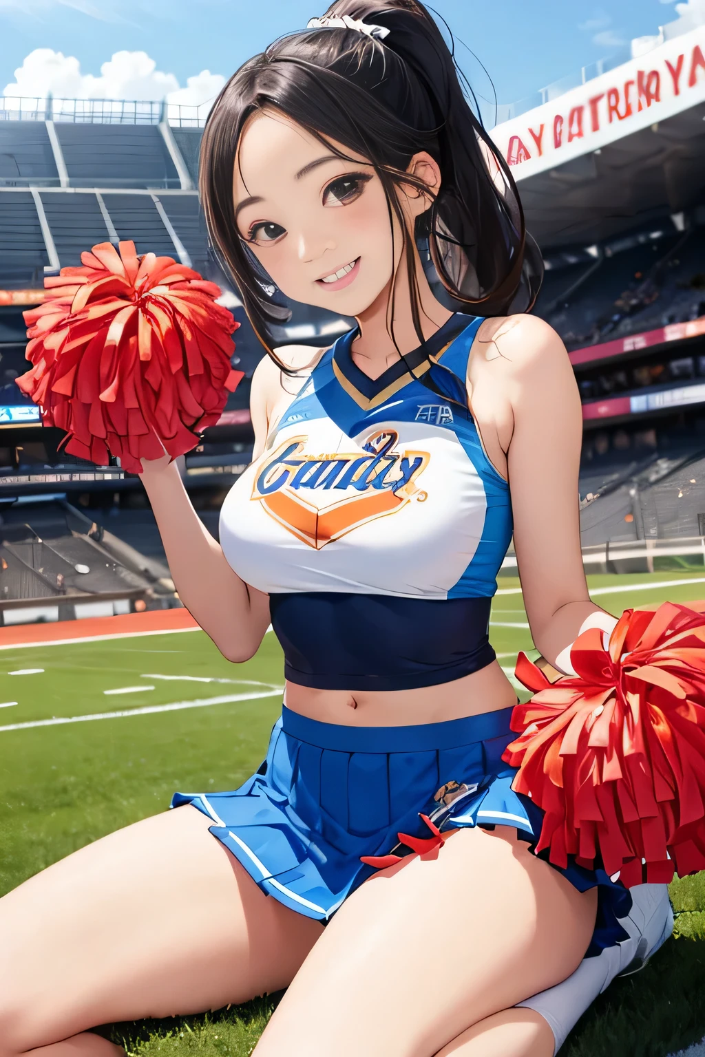 (8K、RAW photo、highest quality)、detailed background、beautiful and detailed face、beautiful and smooth skin、skin texture、professional lighting、Beautiful teenage girl、Cheerleader、stadium、I'm rooting for you、mini skirt、ponytail、big breasts、
sexy costume、Sexy Uniforms、sexy costume、healthy、
smile、laughter、sexual expression、smile、healthyなふとももを強調する、healthyで美しい、show your whole body、panty shot、panty shot、open your legs、raise your legs、Show 1&#39;~ side
