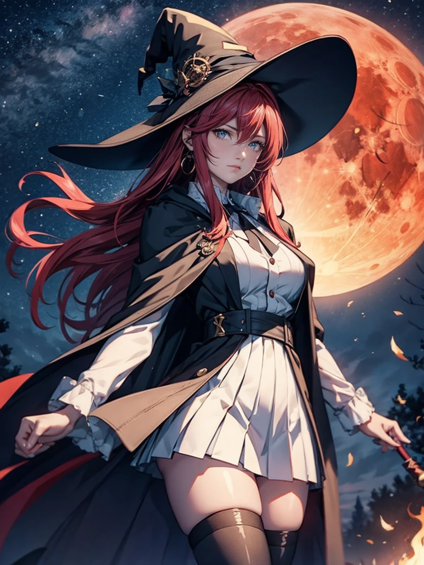((TakashiroHiroko, 1girls, solo, witch hat, dress shirt, white dress shirt, thigh-high boots, black cloak, pleated skirt, night, blood moon, starry sky, torches)), TakashiroHiroko, 1girl, mature woman, alone, cowboy shot, looking at viewer, blushing, dark purple eyes, long hair, red hair, earrings, jewelry