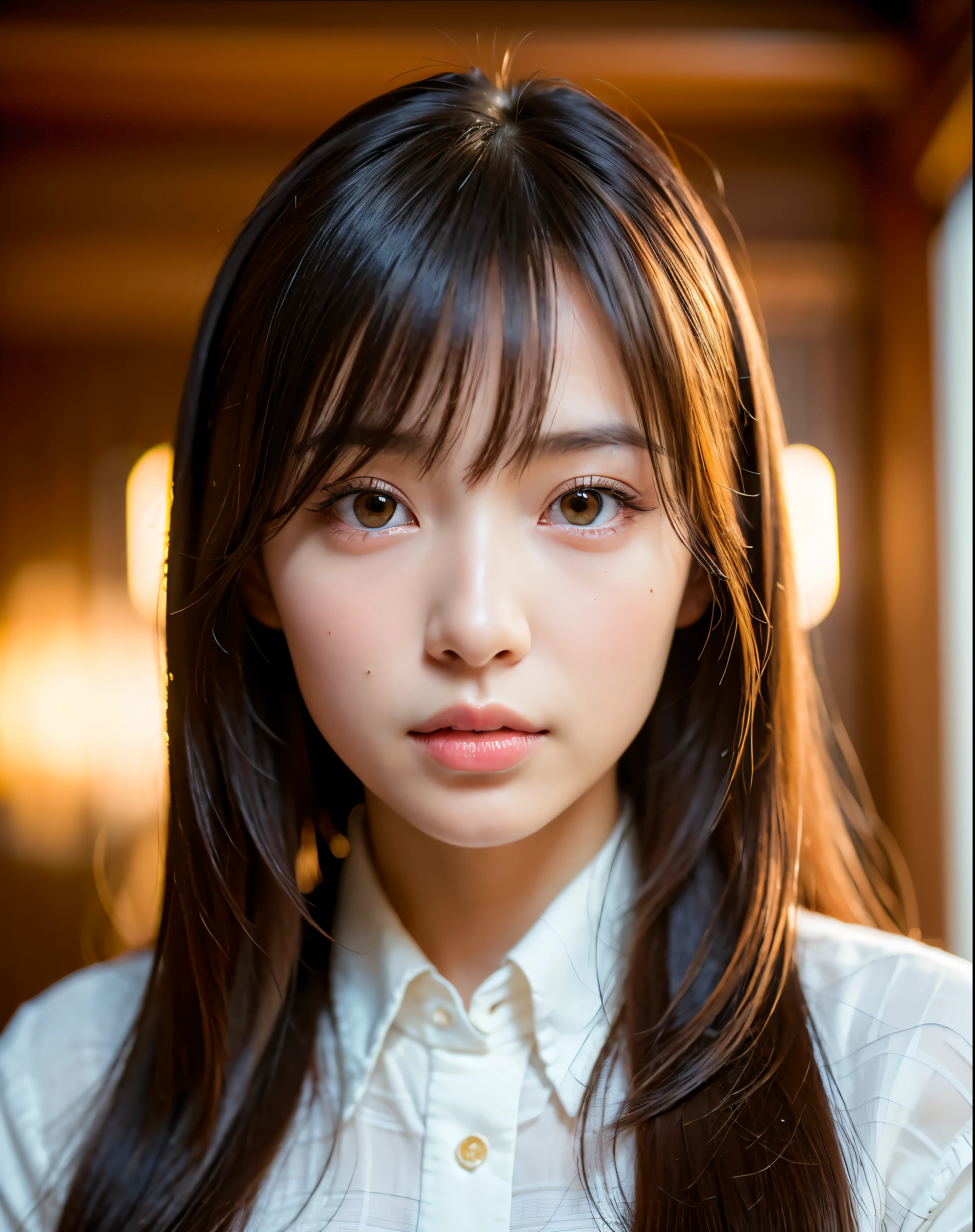 best quality, face focus, soft light, ultra high res, (photorealistic:1.4), RAW photo,
1japanese girl, solo, cute, (pupil, lights in the eyes),  detailed beautiful face, (),(high resolution detail of human skin texture),
(long hair),
indoor,
Damask Shirt Dress,
(portrait)