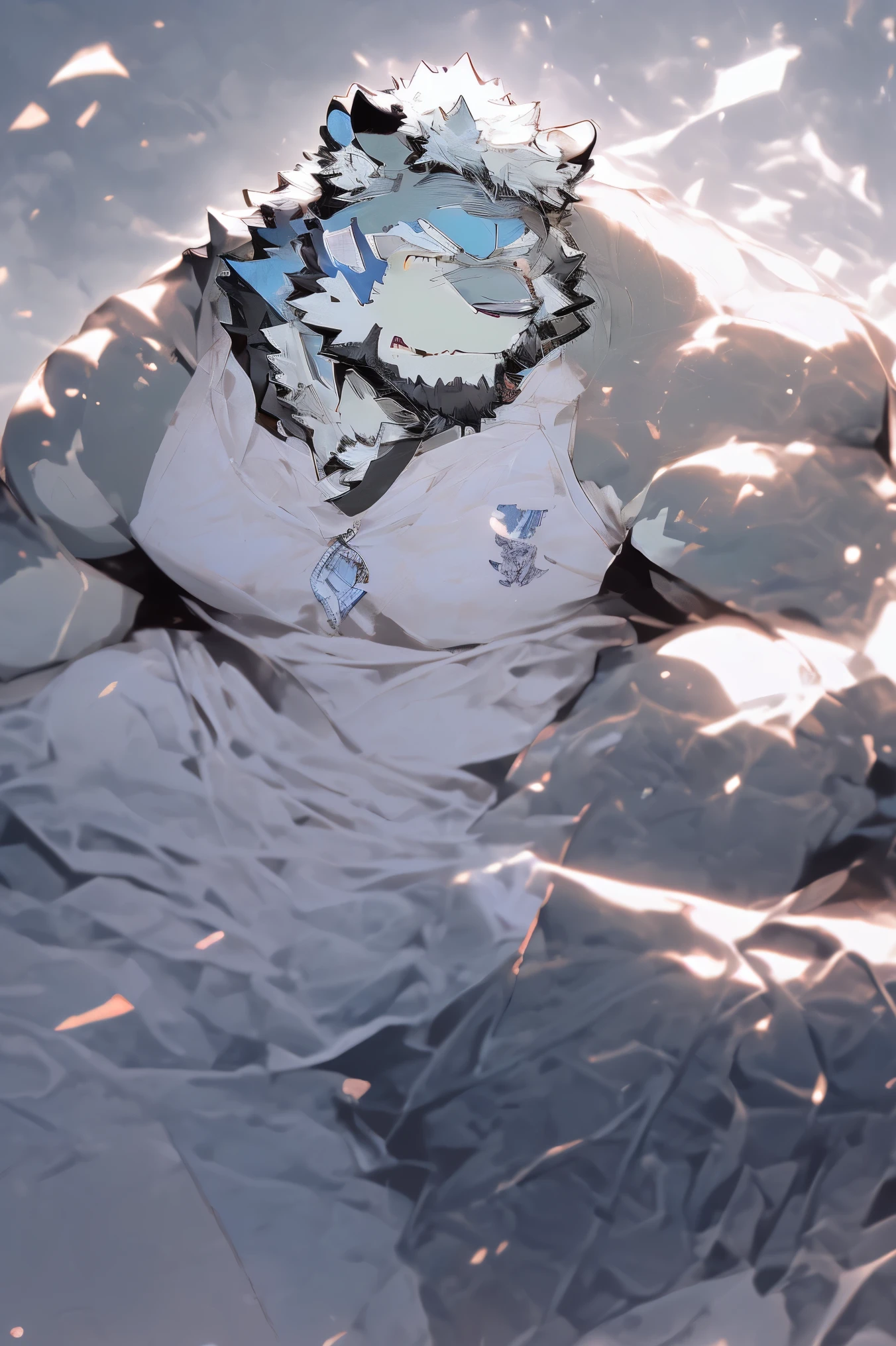 hairy,(Wolf,Black-rimmed glasses,Naked upper body,white sports shorts),beard,white fur,male,Common,detailed,lifelike