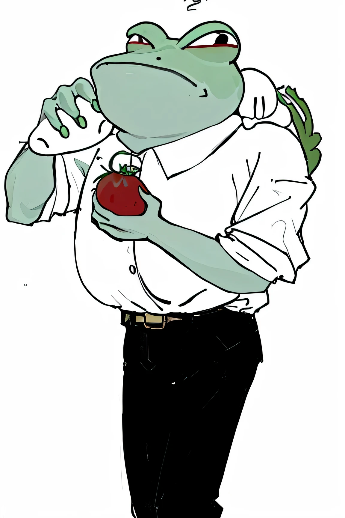 Carrying a radish on my back with my right hand、A grumpy looking frog holding a tomato in his left hand。