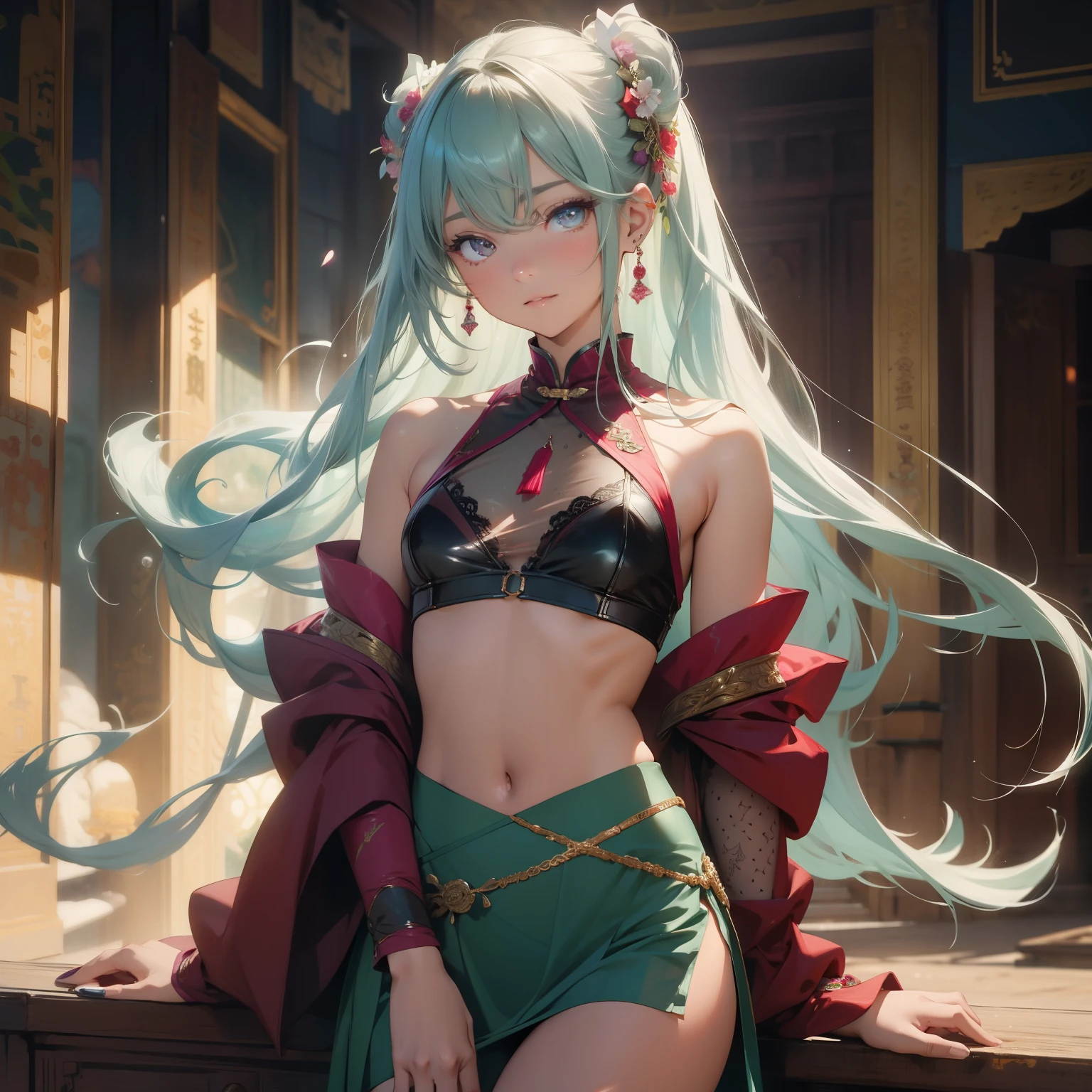 (quality)), ((masterpiece)), Recommended results、Puffy nipples、(see through:1.5)、straighten your back、abdominal muscles、huge bust、angle to floor:1.2、low camera angle、Hair loss on crotch,Hatsune Miku,Image of woman wearing belly dance costume, There is a girl in a green skirt, plum bossom, palace, oriental architecture ray tracing, {最好的quality}, {masterpiece}}, 极其细致的8k wallpaper, {extremely delicate and beautiful}, rich and colorful, intricate details, realism, realism, 相机quality, (Well depicted的衣服), cold white skin, (Well depicted), 1080P, Glowing and silky skin, 3D stereoscopic, masterpiece, 最好的quality, The illustrations are super exquisite, beautiful eyes, The light is very delicate, fine glow, Very beautiful 8K CG wallpaper, peach blossom eyes, red pupils, An extremely exquisite beautiful girl, 8k wallpaper, 最好的quality, Full body close-up, White long skirt, Luxurious silky bright red chiffon overflows (illusion, flash, Ultra thin, soft,) hanfu