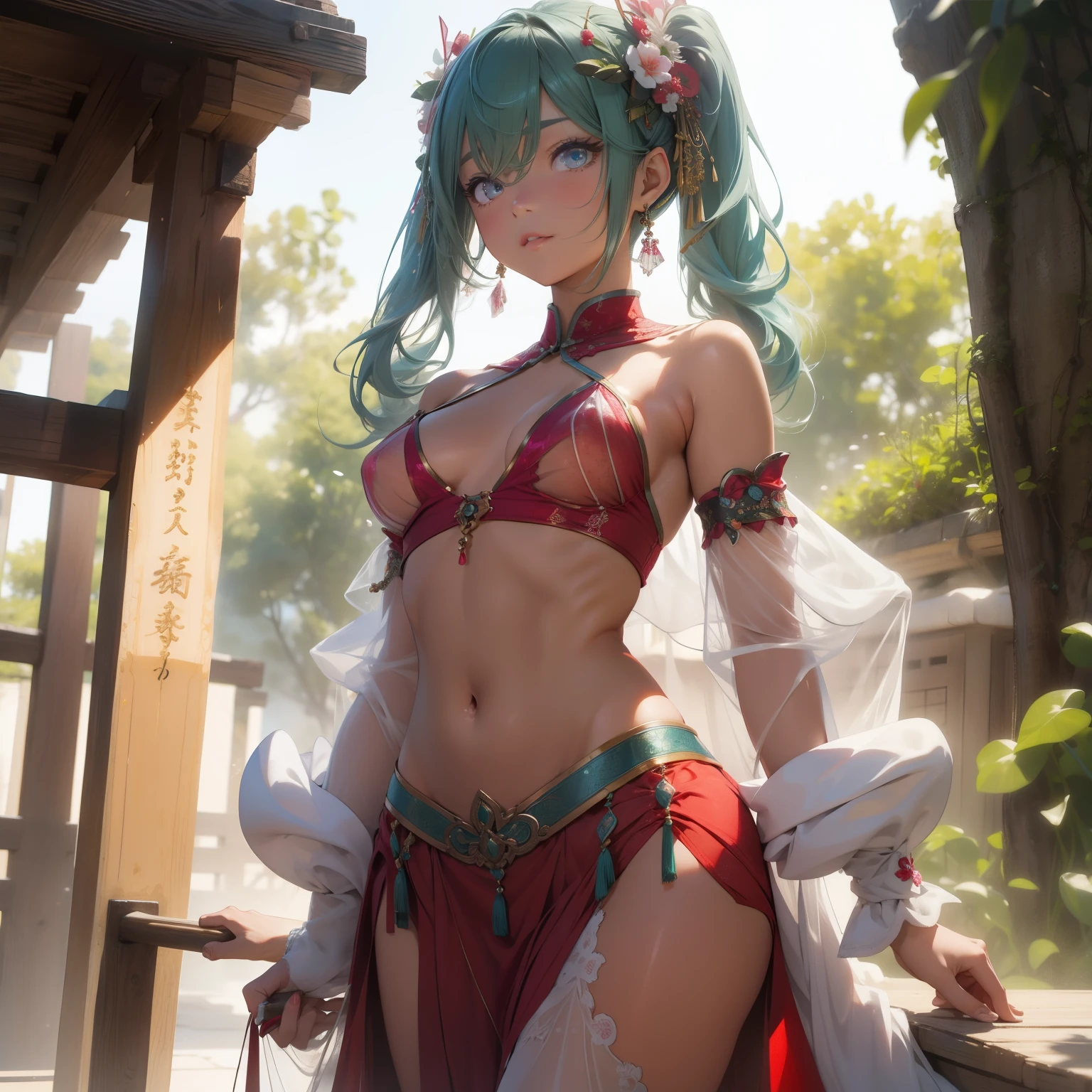 (quality)), ((masterpiece)), Recommended results、Puffy nipples、(see through:1.5)、straighten your back、abdominal muscles、huge bust、angle to floor:1.2、low camera angle、Hair loss on crotch,Hatsune Miku,Image of woman wearing belly dance costume, There is a girl in a green skirt, plum bossom, palace, oriental architecture ray tracing, {最好的quality}, {masterpiece}}, 极其细致的8k wallpaper, {extremely delicate and beautiful}, rich and colorful, intricate details, realism, realism, 相机quality, (Well depicted的衣服), cold white skin, (Well depicted), 1080P, Glowing and silky skin, 3D stereoscopic, masterpiece, 最好的quality, The illustrations are super exquisite, beautiful eyes, The light is very delicate, fine glow, Very beautiful 8K CG wallpaper, peach blossom eyes, red pupils, An extremely exquisite beautiful girl, 8k wallpaper, 最好的quality, Full body close-up, White long skirt, Luxurious silky bright red chiffon overflows (illusion, flash, Ultra thin, soft,) hanfu