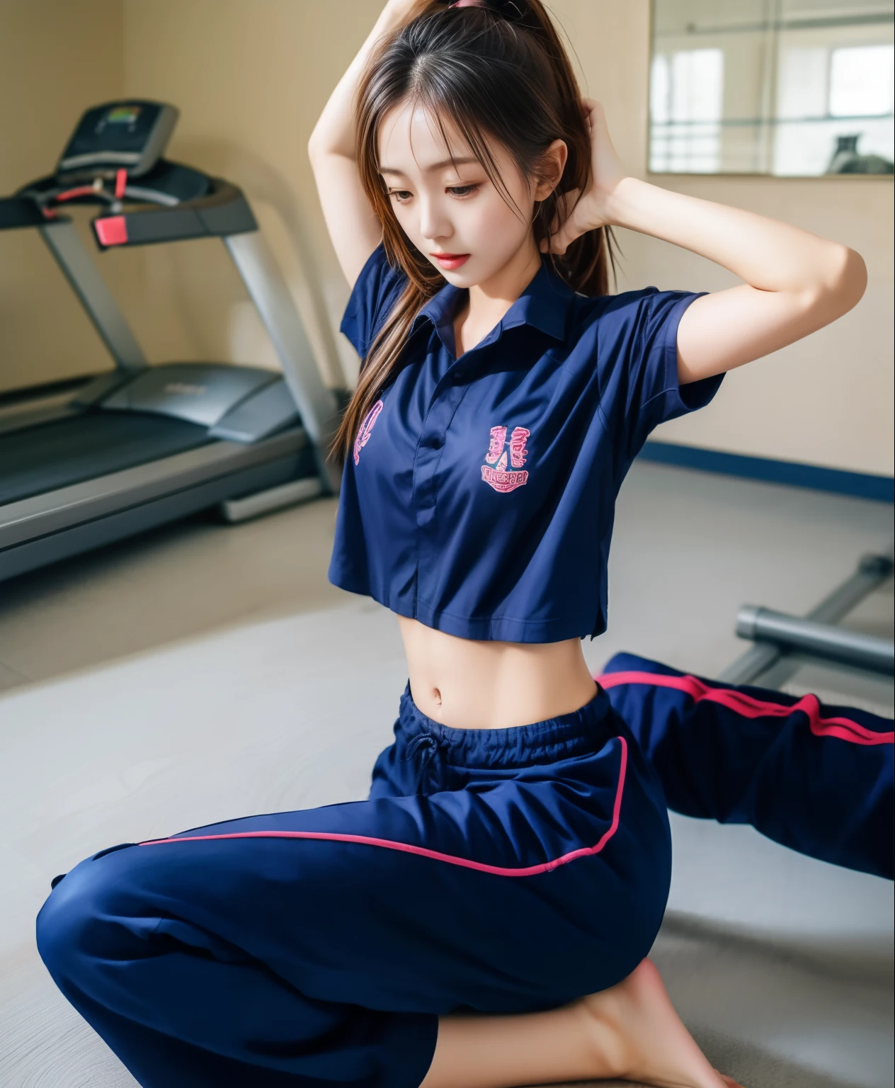 3 girls in fitness center, Navy blue short-sleeved shirt,Navy Long Trackpant,Sweatpants, Sweatpantsขายาว,25 year old girl, lesbian, sexy, exercise clothes, wet body, exercise clothes