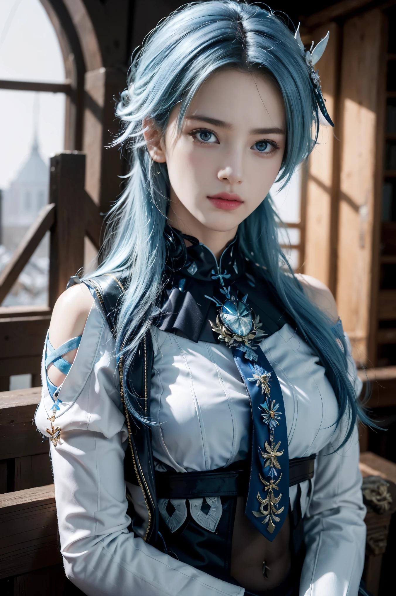 (photorealistic:1.4), (masterpiece, sidelighting, finely detailed beautiful eyes: 1.2), masterpiece*portrait, realistic, 3d face, eula \(genshin impact\), 1girl, ahoge, architecture, By bangs，Bare shoulders，Bell，black glove，（Black tights，light blue hair，Hair pin），Blushlush，Beautiful breasts，Chinese knot，the sleeve，flower knot，middle light blue hair，Look at the audience，middlebreast，Neckbells