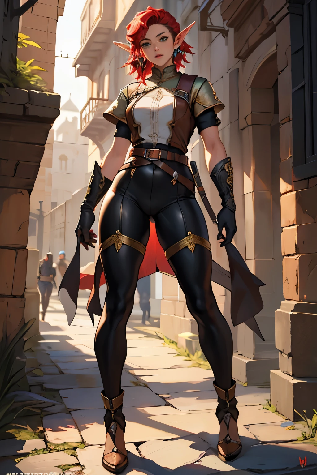 ((best quality)), ((masterpiece)), (detailed), high quality, absurdres, black leather, green eyes, red hair, elf ears, camel toe,  DND, Intricate details, full body, dungeons and dragons, professional, full body,
