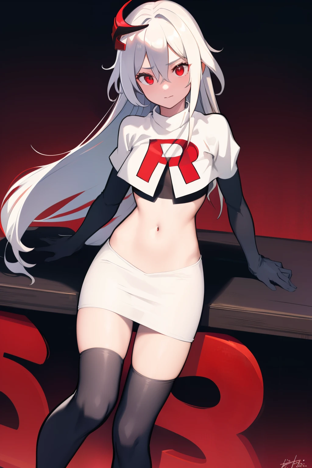 best quality, masterpiece, ultra-detailed, beautiful, highres, original, absurdres, senti,
1girl, solo, long_hair, looking_at_viewer, bangs, hair_ornament, red_eyes, hair_between_eyes, team rocket,team rocket uniform,white skirt,red letter R,crop top,black thigh-highs,black elbow gloves