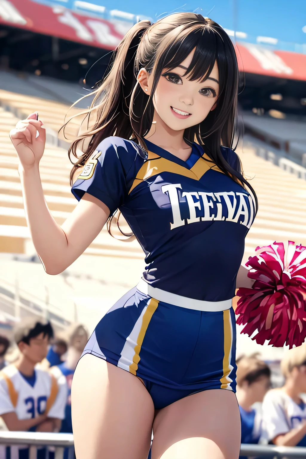 (8K、RAW photo、highest quality)、detailed background、beautiful and detailed face、beautiful and smooth skin、skin texture、professional lighting、Beautiful teenage girl、Cheerleader、stadium、I'm rooting for you、
sexy costume、Sexy Uniforms、sexy costume、healthy、
smile、laughter、sexual expression、smile、healthyなふとももを強調する、healthyで美しい、show your whole body、panty shot、panty shot、open your legs、raise your legs、Show 1&#39;~ side
