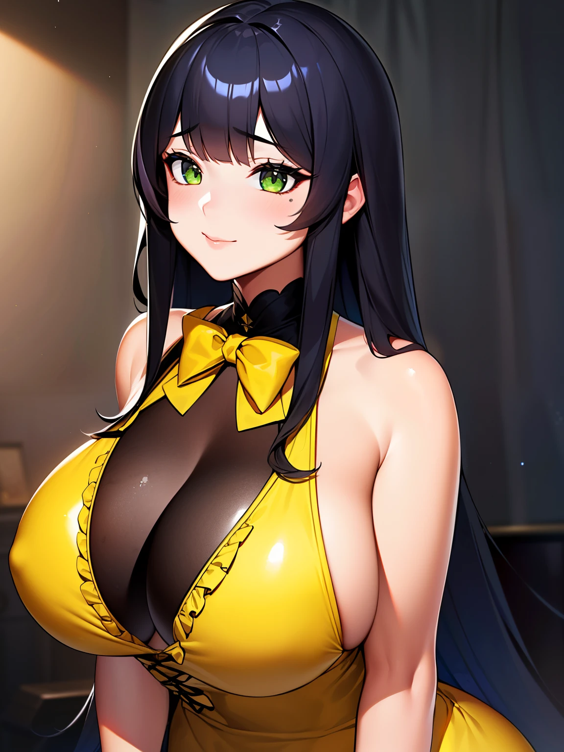 (8K, Best quality, tmasterpiece:1.2),\(eye detailed\),(\(Clothes detail details\)\),full bodyesbian,(huge tit),(Facial focus) ,Very detailed CG unity 8K wallpaper,hugefilesize,ultra - detailed,A high resolution,absurderes,beautidful eyes,Ray traching,dramatic shadow,finely detailled,Dramatic angles,Hyper-detailing,(1 girl:1.3),(Solo),,Mature female,Long hair black,Green eyes,Wearing(cosplaying_magical girl,very cute yellow dress with ruffles,Large Ribbon Bow Tie Back),