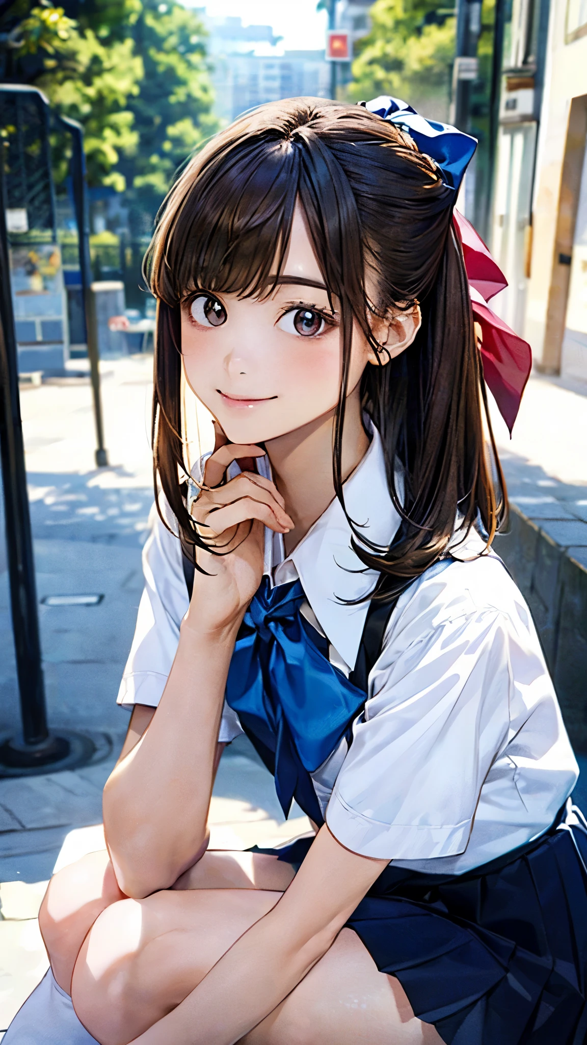 (masterpiece:1.2, top-quality), (realistic, photorealistic:1.4), beautiful illustration, (natural side lighting, movie lighting),
looking at viewer, 1 girl, japanese, junior high school girl, , perfect face, cute and symmetrical face, shiny skin, slender,
(middle hair:1.2, half updo:1.4, light brown hair), asymmetrical bangs, brown eyes, long eye lasher, (medium breasts:0.7),
beautiful hair, beautiful face, beautiful detailed eyes, beautiful clavicle, beautiful body, beautiful chests, beautiful thigh, beautiful legs, beautiful fingers,
((detailed cloth texture, short sleeve white collared shirt, blue pleated mini skirt, blue bow tai)),
(beautiful scenery), evening, (outdoors), squatting, (cute, lovely smile, upper eyes),
