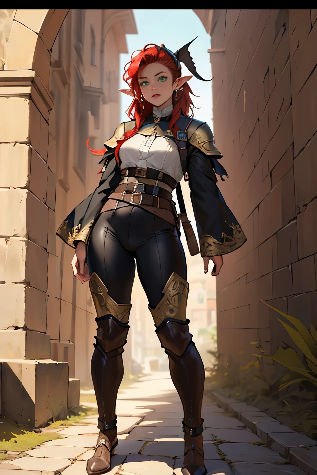 ((best quality)), ((masterpiece)), (detailed), high quality, absurdres, black leather, green eyes, red hair, elf ears, camel toe,  DND, Intricate details, full body, dungeons and dragons, professional, full body,
