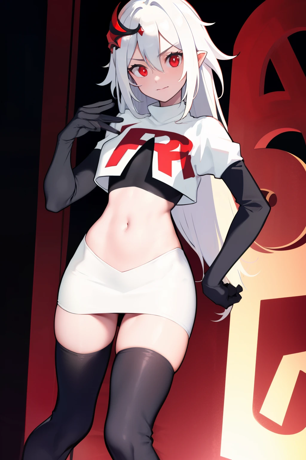 best quality, masterpiece, ultra-detailed, beautiful, highres, original, absurdres,  senti,
1girl, solo, long_hair, looking_at_viewer, bangs, hair_ornament, red_eyes, hair_between_eyes, team rocket,team rocket uniform,white skirt,red letter R,crop top,black thigh-highs,black elbow gloves