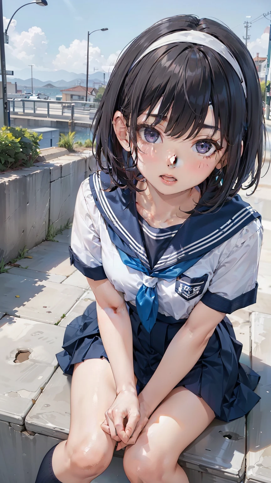 one woman, (a beauty woman, delicate :1.3), 8K, highest quality, masterpiece, Super detailed, ultra high resolution, realistic, RAW photo, absolute resolution, black hair, bob cut, small face compared to body, very small face, slender body, black hair, navy blue sailor uniform, Dark blue skirt, High school girl in sailor suit, Anime 2D rendering, realistic若いアニメの女子高生, , ((white headband)), (white headband), position looking down from above, small breasts, tall, slanted eyes, purple eyes, (school scenery), black stockings, bright color, open your mouth, sit with your knees bent, look up with a shy face, 