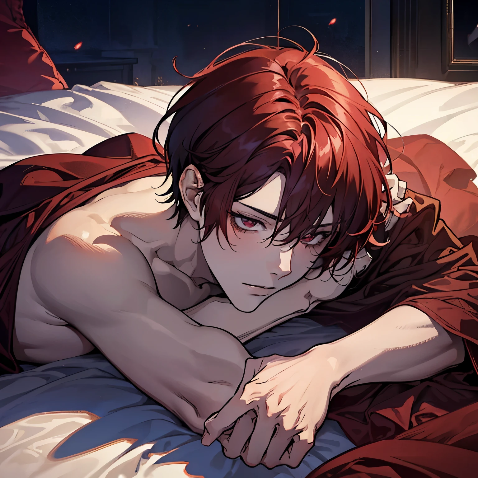 anime man, fluffy deep red hair, dark red hair, peach eyes, bedroom, laying down, laying in bed, in a bed, slender body, lean body, naked, nude, embarrassed, aloof, (camera faces him), black bedsheets