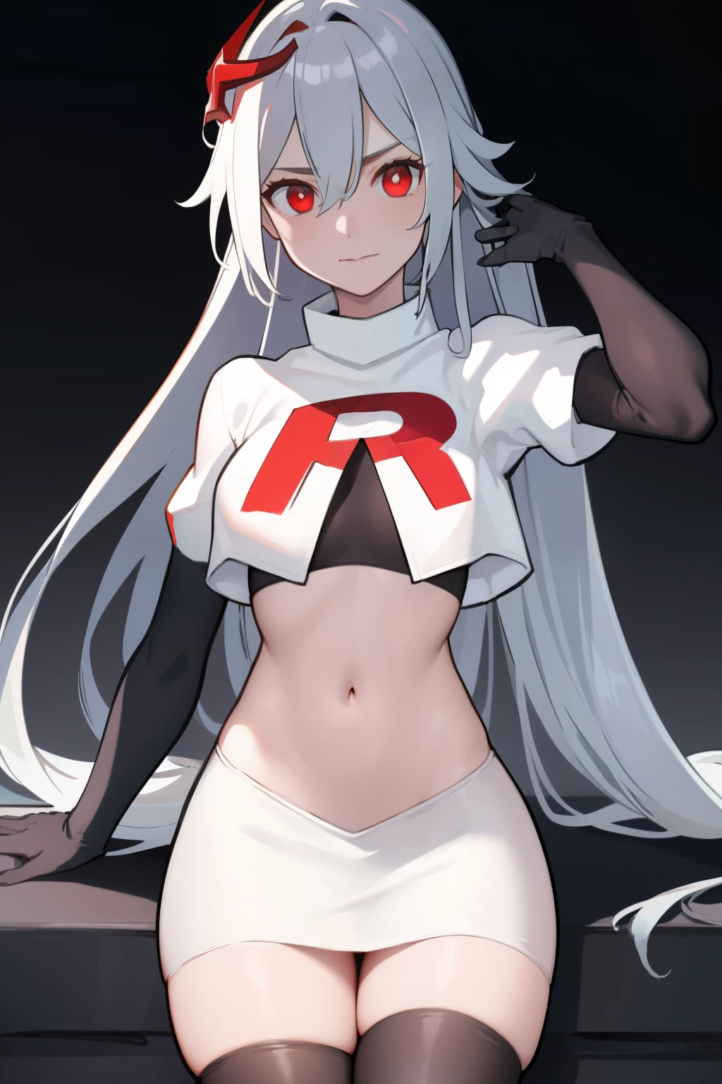 best quality, masterpiece, ultra-detailed, beautiful, highres, original, absurdres,  senti,
1girl, solo, long_hair, looking_at_viewer, bangs, hair_ornament, red_eyes, hair_between_eyes, team rocket,team rocket uniform,white skirt,red letter R,crop top,black thigh-highs,black elbow gloves