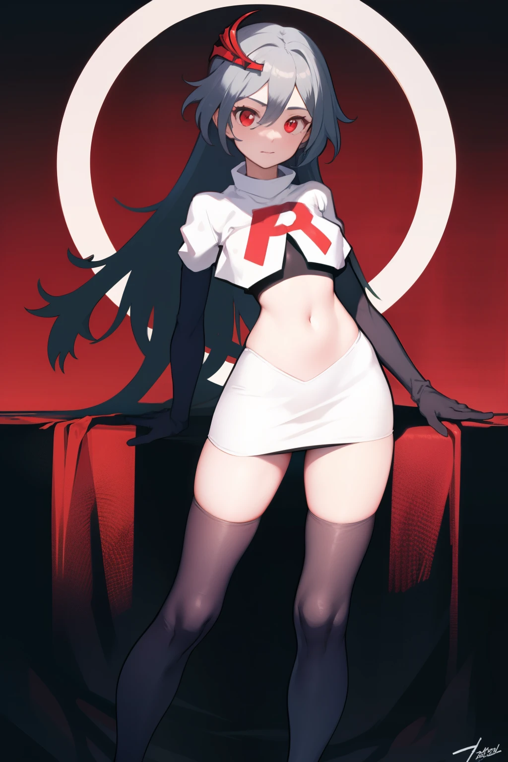best quality, masterpiece, ultra-detailed, beautiful, highres, original, absurdres, senti,
1girl, solo, long_hair, looking_at_viewer, bangs, hair_ornament, red_eyes, hair_between_eyes, team rocket,team rocket uniform,white skirt,red letter R,crop top,black thigh-highs,black elbow gloves