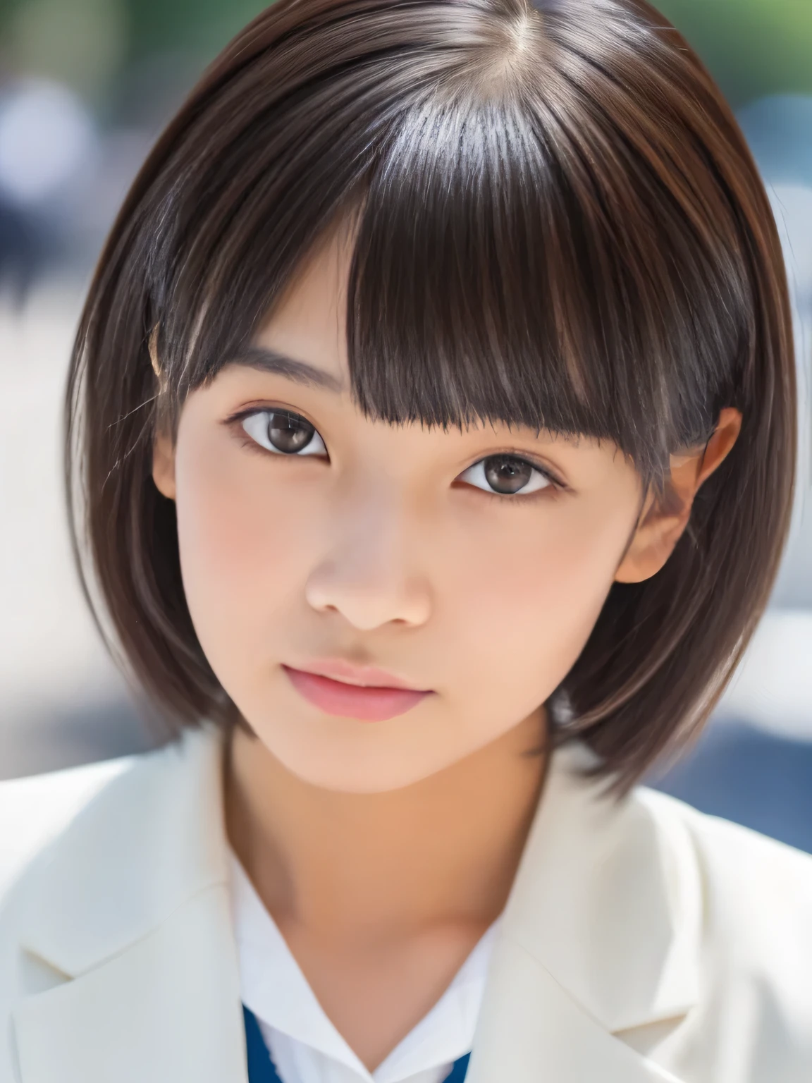 ((highest quality, 8K, masterpiece :1.3)), sharp focus :1.2, beautiful woman with perfect figure :1.4, thin abs :1.2, ((layered haircut, big breasts :1.2)), (Blazer over a very thin white button-up shirt :1.1), city street:1.2, Highly detailed face and skin texture, fine eyes, double eyelid、whole body、short hair、A cute 13-year-old woman of half Thai and Japanese descent..、tanned skin
