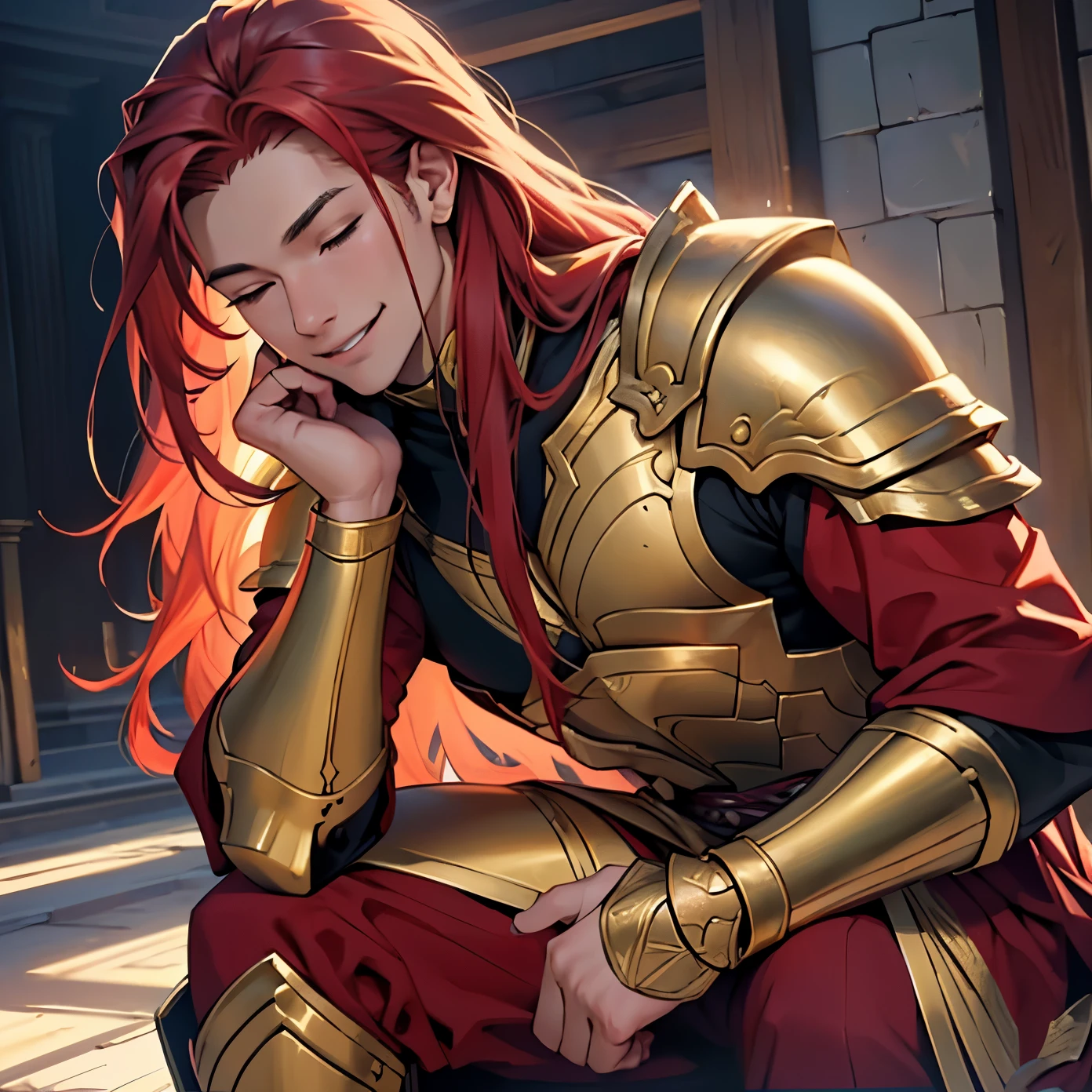 (realistic: 1.37, best quality, 4k, 8k, high resolution, masterpiece: 1.2), ultra-detailed, male, a young man with fair skin, very long red hair, dressed in golden armor with straight hair . anatomically correct. Closed eyes. meditation pose, temple environment, smile on face, front angle.