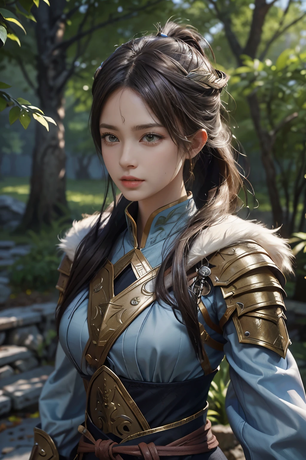 Game art，The best picture quality，Highest resolution，8K，(A bust photograph)，(Portrait)，(Head close-up)，(Rule of thirds)，Unreal Engine 5 rendering works， (The Girl of the Future)，(Female Warrior)， 
20岁少女，((Hunter))，An eye rich in detail，(Big breasts)，优雅高贵，冷漠，勇敢的，
（Medieval-style fur combat clothing，Glowing magic lines，Animal skin clothing with rich details），Medieval Lady Knight，Medieval ranger，
拍照姿势，简单背景，Movie lights，Ray tracing，Game CG，((3D Unreal Engine))，oc渲染反射纹