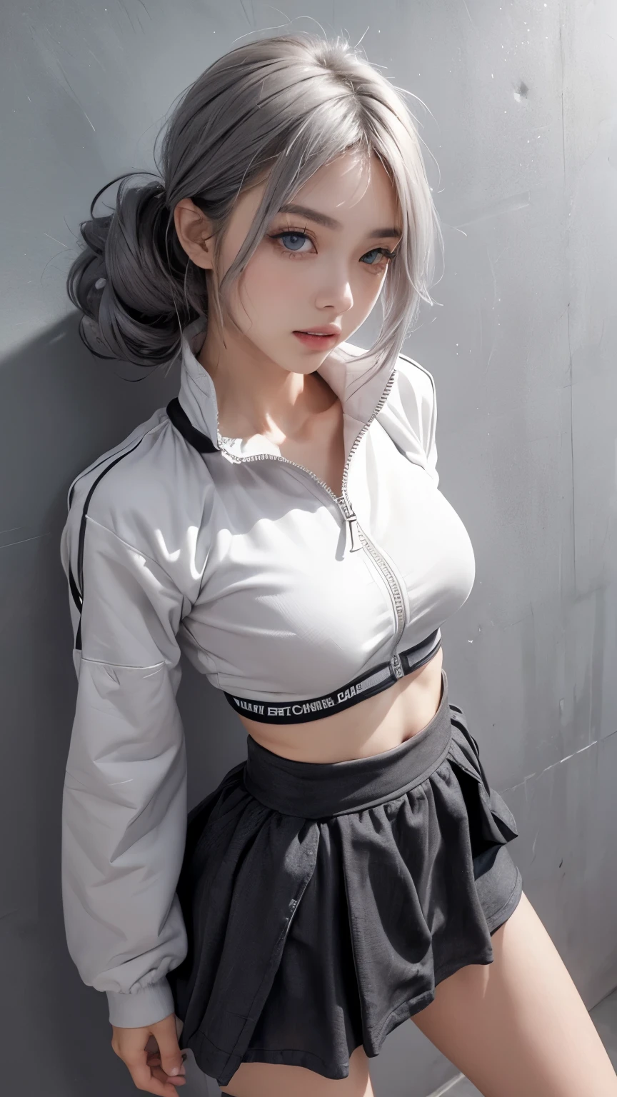 (anime:1.3), (all body shot, fashion portrait:1.6), ultra detailed, beautiful, masterpiece, best quality, _ BREAK (1girl:1.2), 22 years old, 160 cm, Japanese cute model, (Tightened all body, medium Breasts:1.4), small head, small face, diamond Face, small nose, Sharp Faceline, young hands and fingers, beautiful hands and fingers, five fingers, _ BREAK (Glossy Lips:1.3), (Light color lips, Half open mouth, beautiful Teeth:1.2), (dropy eyes, Double eyelid, light color eyes:1.4), _ BREAK (arranged hairstyle:1.3), (gray hair:1.3), _ BREAK (gray background:1.4), Fog, mist, _ BREAK (wide angle, all body shot:1.6), (standing:1.3), (cool beauty model posing:1.4), (from front white lightning), BREAK (ultra Soft fabric sporty and Cyber theme:1.6), (black and white theme:1.4), (training wear, Stacked up:1.3),(ultra Soft fabric oversize Bomber jacket:1.3), (Thick hi Collar:1.4), (Wide, short, baggy:1.4), (1/4 short Length:1.4), (Wide hem:1.4), (Close the zipper:1.35), BREAK (ultra Soft fabric:1.3), (hi Waist maximum skirt:1.5), (maximum Length skirt:1.5), (perfect and Detailed all body wear:1.2), (Cyber hi cut technical Sneaker:1.5),
