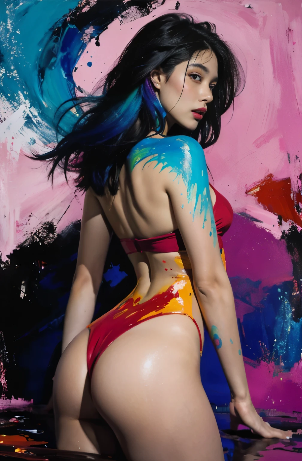 In this mesmerizing movie still, we see a 1girl with an open mouth, her liquid paint rainbow hair flowing gracefully in the air. The scene is set in an abstract world filled with Bauhaus-inspired shapes and lines, with paint splatter adding an artistic flair. The atmosphere is vibrant and joyful, with a stunningly detailed background adding depth of field. The camera lens used for this vibrant painting is a 135mm, f/1.8 lens, capturing the captivating girl with precision. The painting is rendered in an explosive mixture of colors and thick brush strokes, making it a vivid and expressive oil painting on canvas.