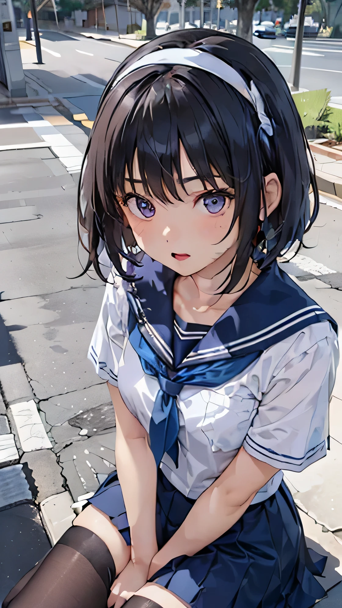 one woman, (beautiful woman, delicate :1.3), 8K, highest quality, masterpiece, Super detailed, ultra high resolution, realistic, RAW photo, absolute resolution, black hair, bob cut, face is small compared to body, very small face, slender body, black hair, navy blue sailor uniform, dark blue skirt, High school girl in sailor suit, anime 2d rendering, realistic若いアニメの女子高生, , ((white headband)), (white headband), position looking down from above, small breasts, expensive, slanted eyes, purple eyes, (school scenery), black stockings, bright colors, open your mouth, sit with both knees bent, look up with a shy face, 