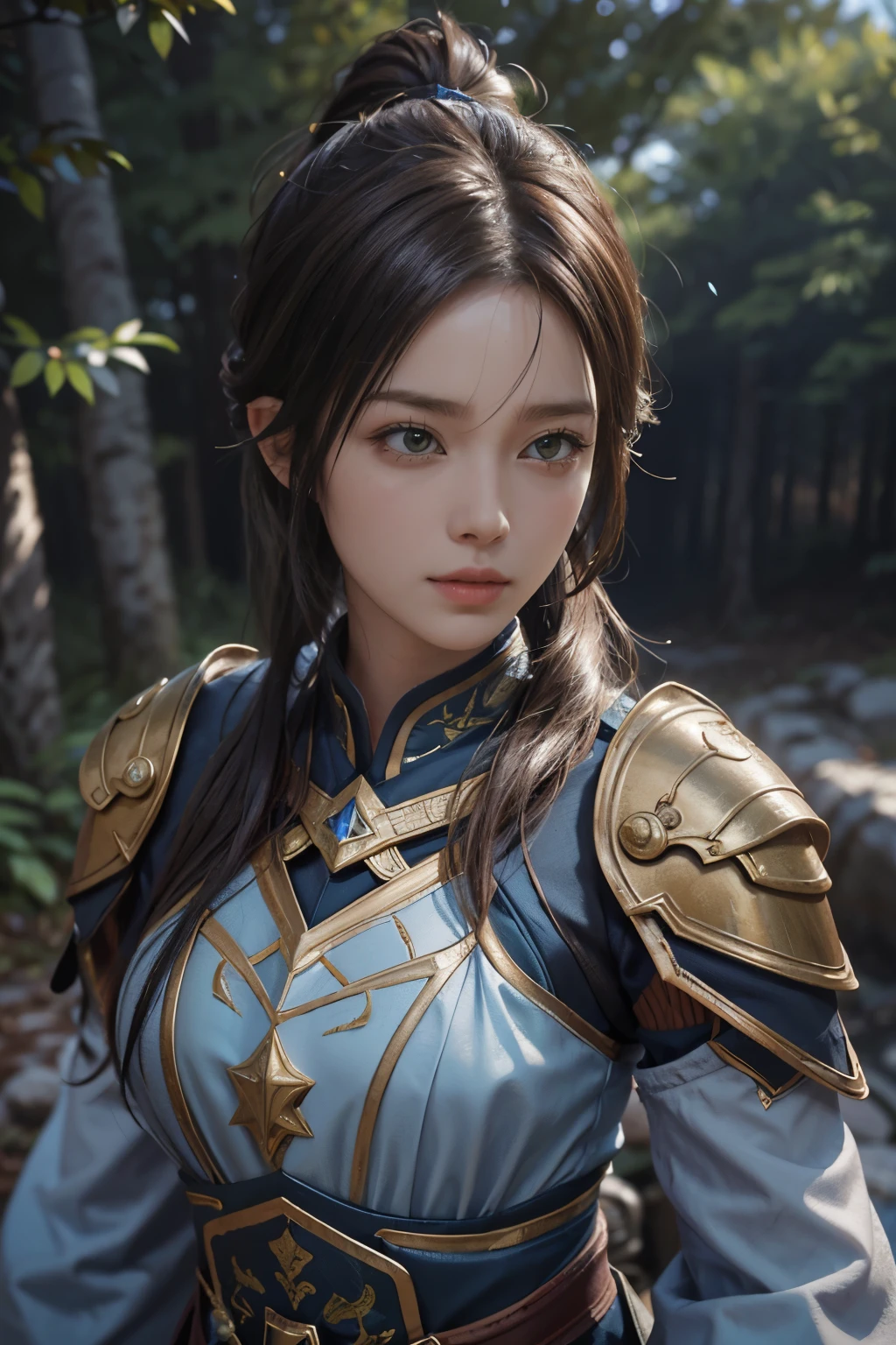 Game art，The best picture quality，Highest resolution，8K，(A bust photograph)，(Portrait)，(Head close-up)，(Rule of thirds)，Unreal Engine 5 rendering works， (The Girl of the Future)，(Female Warrior)， 
20岁少女，((Hunter))，An eye rich in detail，(Big breasts)，优雅高贵，冷漠，勇敢的，
（Medieval-style fur combat clothing，Glowing magic lines，Animal skin clothing with rich details），Medieval Lady Knight，Medieval ranger，
拍照姿势，简单背景，Movie lights，Ray tracing，Game CG，((3D Unreal Engine))，oc渲染反射纹