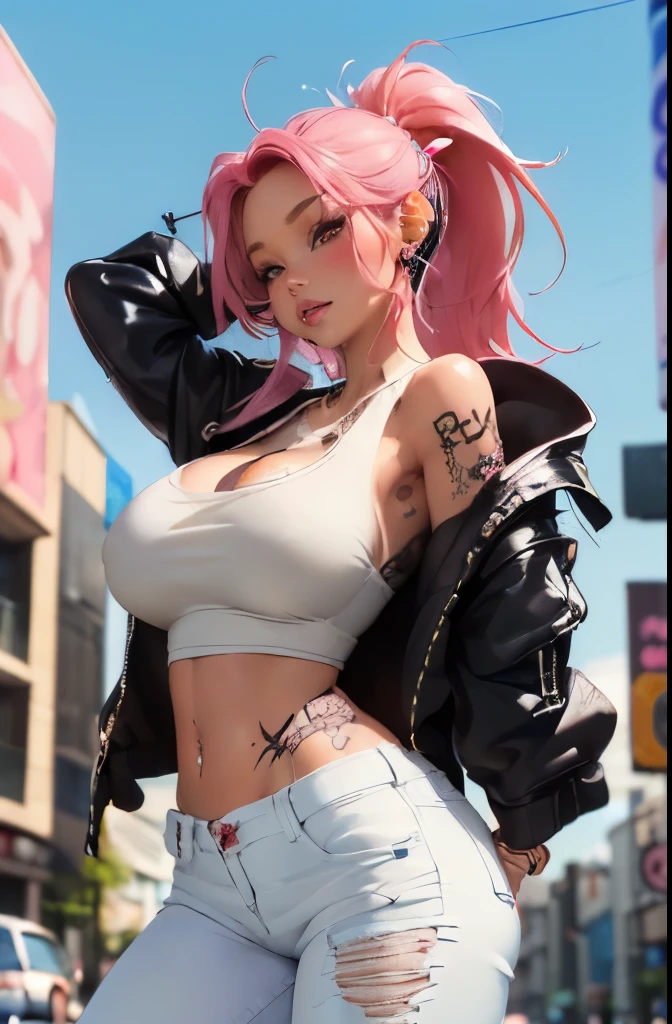 (Perfect masterpiece, best quality:1.4), ultra-detailed, soft light, natural lighting, cinematic light, film grain, (depth of field), (1woman, solo:1.4), mature woman, perfect curvy female form, (perfect face, blushing, long detailed eyelashes, detailed face, glossy lips, eyeliner), very long hair in a ponytail, neon hair, (large breasts, cleavage showing), (headphones, open jacket, white tank top, torn skinny jeans, tons of tattoos and piercings), (mixtape:1.4), (Harajuku-inspired city, graffiti art background), (arching her back standing in a sexy seductive slutty pose), cherry blossoms blowing in the wind 
