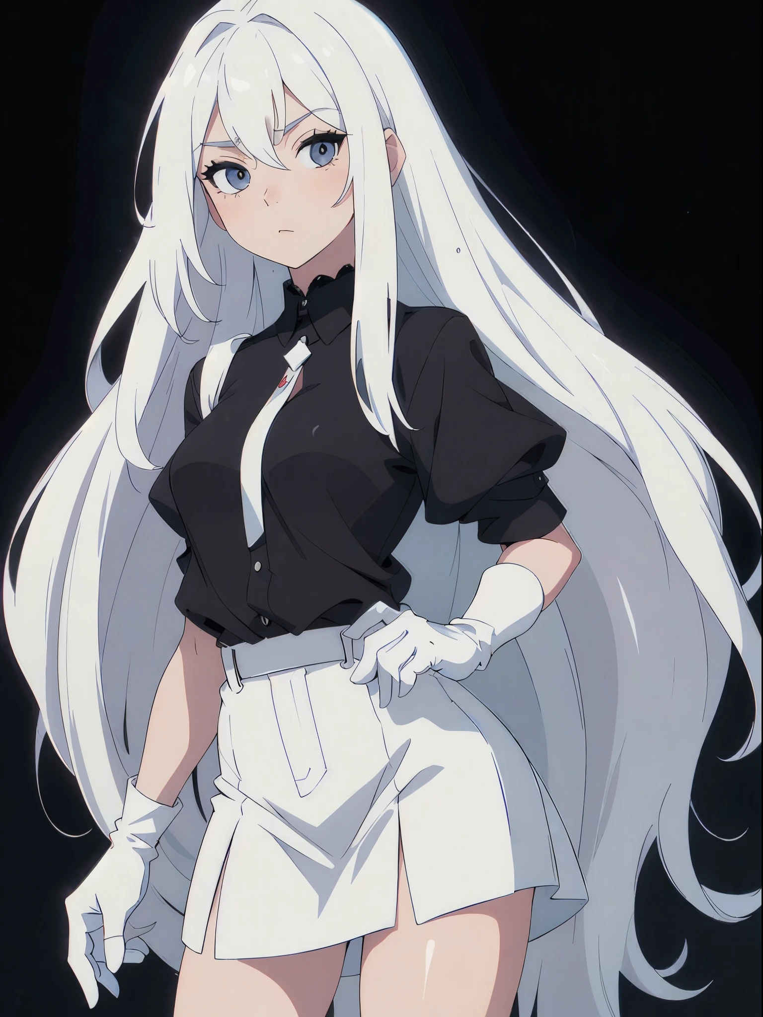 ((White hair)),((Head and Shoulders Image)),(super-long hair),Sexy,A person,Alone,Simple style,pancake ,Simple details,Black background,Empty background,Black background wall,(20 year old woman),(Droopy hair),(White Gloves),Puffy skirt,(Lace Shirt),Lace,(confidence)