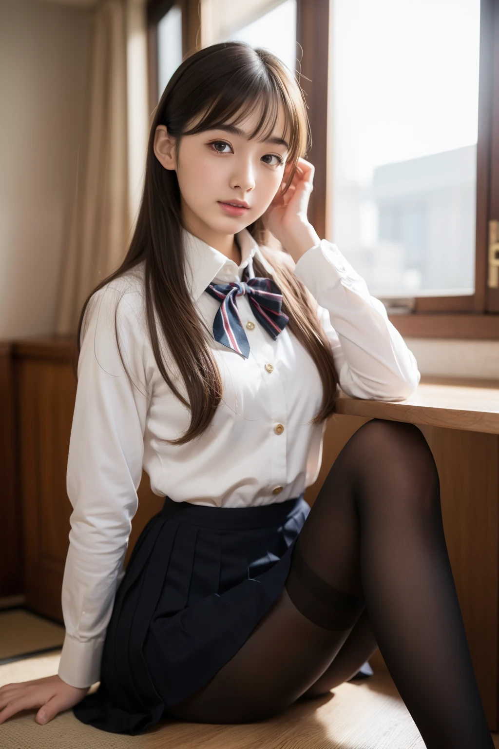 beautiful meticulous girl, very detailed eyes and face, beautiful and fine eyes, That&#39;s ridiculous, incredibly That&#39;s ridiculous, huge file size, Super detailed, High resolution, very detailed, highest quality, masterpiece, Kemomimi, ((Japanese girls&#39; high school uniform)), figure, very detailed, cg, unity, 8k wallpaper, wonderful, small details, masterpiece, highest quality, very detailed cg uniform 8k wallpaper, face light, movie lighting, 1 girl, 16 years, (no panties) ), (((dynamic pose))), (camel toe), (half), (pantyhose), (Crooked knees and legs sitting))