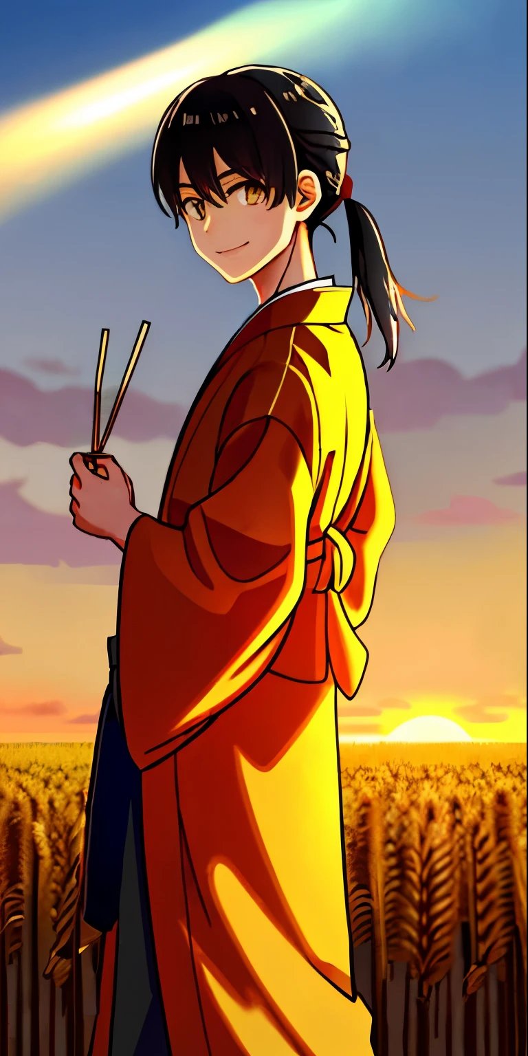 A boy in a kimono stands waist-deep in a wheat field with a smile., ancient chinese clothing, His hair is tied into a ponytail, yellow eyes, The setting sun shines in his eyes, The light falls on his face, He turned around and stood, Holding a straw in hand