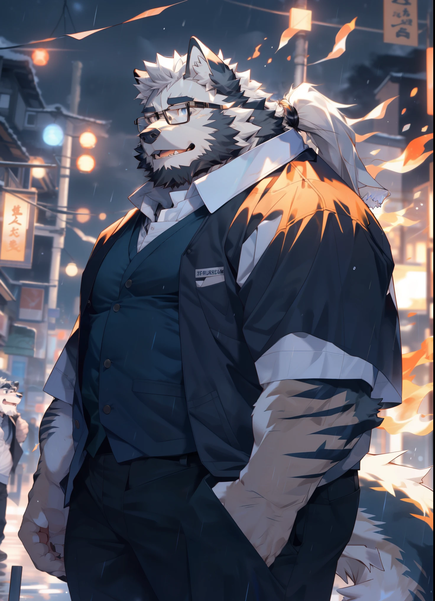 hairy,((Wolf,Black-rimmed glasses,orange fire jacket)),beard,Hair is a long ponytail,long tail,white fur,male,Common,full-body shot,dynamic poses,giggle,rainy day,night,dark night,Detailed background,极其lifelike阴影,masterpiece,Very detailed,lifelike