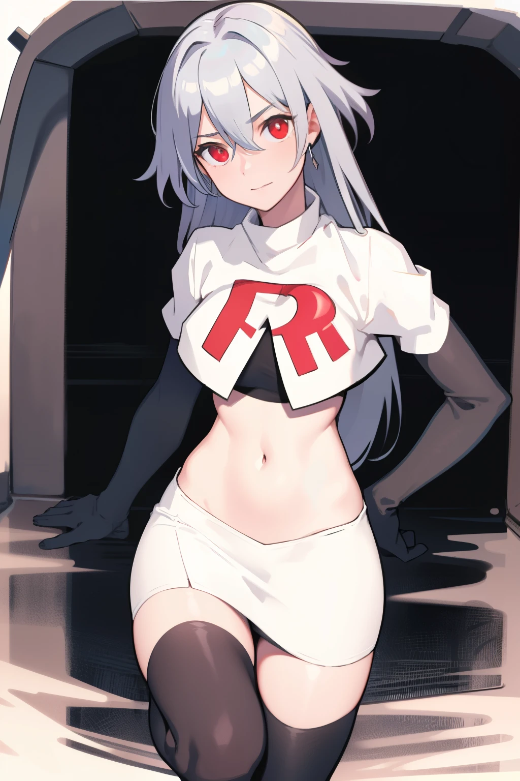 best quality, masterpiece, ultra-detailed, beautiful, highres, original, absurdres,  senti,
1girl, solo, long_hair, looking_at_viewer, bangs, hair_ornament, red_eyes, hair_between_eyes, team rocket,team rocket uniform,white skirt,red letter R,crop top,black thigh-highs,black elbow gloves