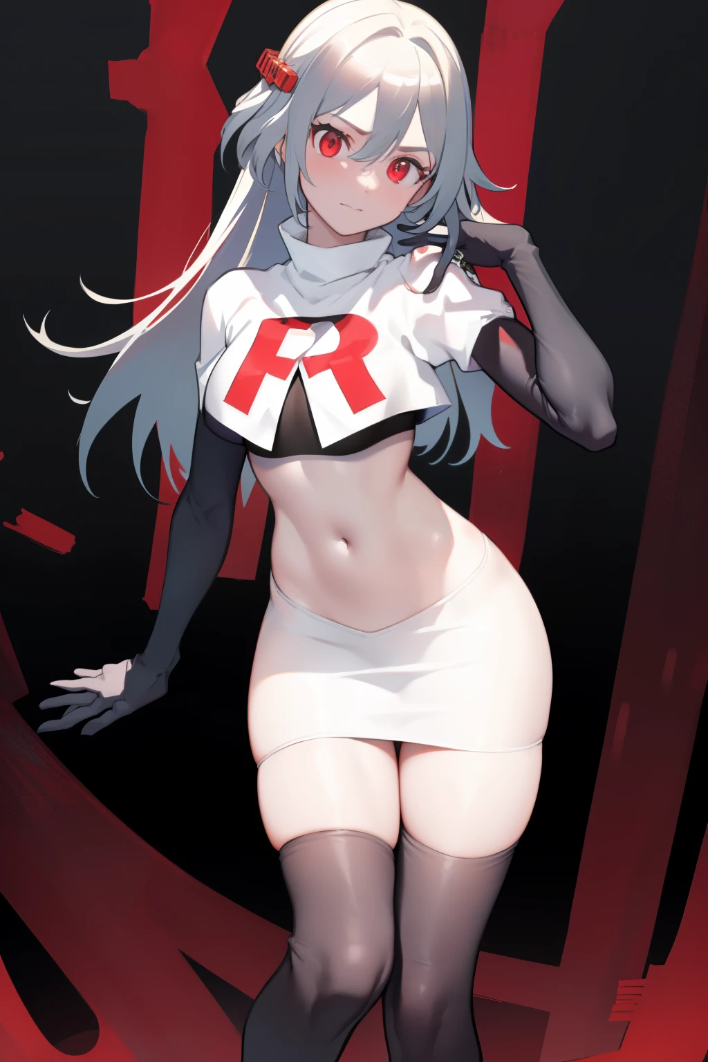 best quality, masterpiece, ultra-detailed, beautiful, highres, original, absurdres,  senti,
1girl, solo, long_hair, looking_at_viewer, bangs, hair_ornament, red_eyes, hair_between_eyes, team rocket,team rocket uniform,white skirt,red letter R,crop top,black thigh-highs,black elbow gloves