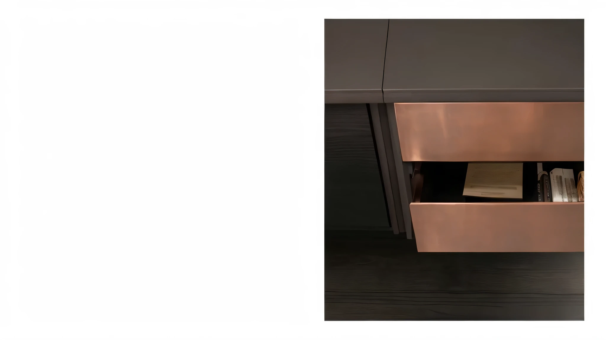 There is a brown cabinet,There is a drawer inside,There is a book inside, copper details, intricate copper details, Close details, meticulous details, view, Exquisite and smooth details, Sleek streamlined design, stunning details, top angle view, copper element, Gorgeous features, Award details, stunning features, detail shot, Award-winning masterpiece, top view,8k,Super fine details,live shooting