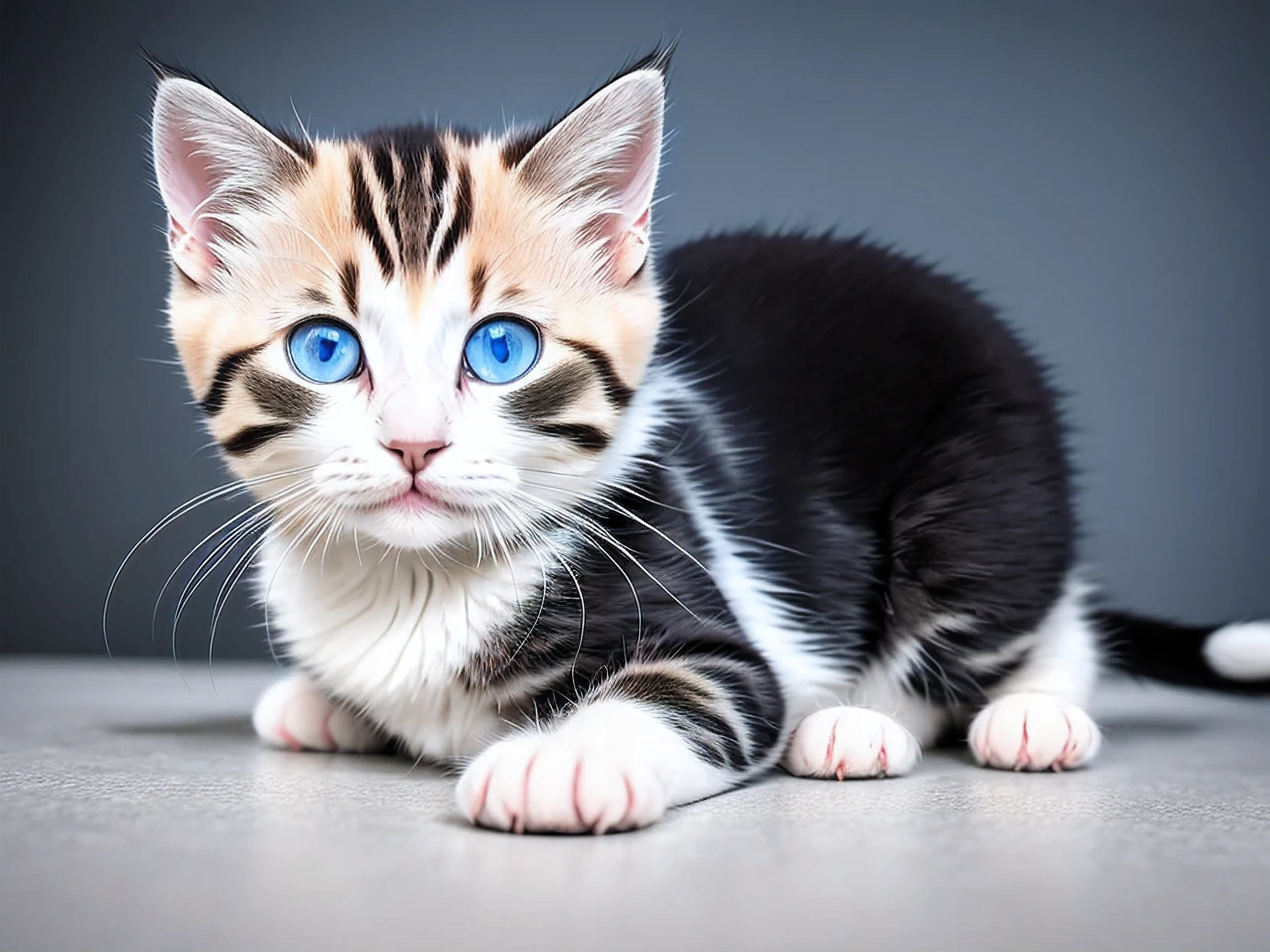 (1 Siamese kitten:1.1), (hermosos ojos azules con brillo:1.3), tiene un hermoso pelaje blanco, en su cara, color y ojos gris oscuro:1.3, HDR:1.1, texturas 4k:1.2, playful:1.1 bathed in soft cinematic light: 1.2, captured in a photography laboratory:1.1, mostrando su intrincado:1.1 y elegante:1.1 characteristics, enmarcado centralmente:1.1, Viñeta:1.1. This Siamese kitten&#39;s unique traits are highlighted through intricate details of its coat..,