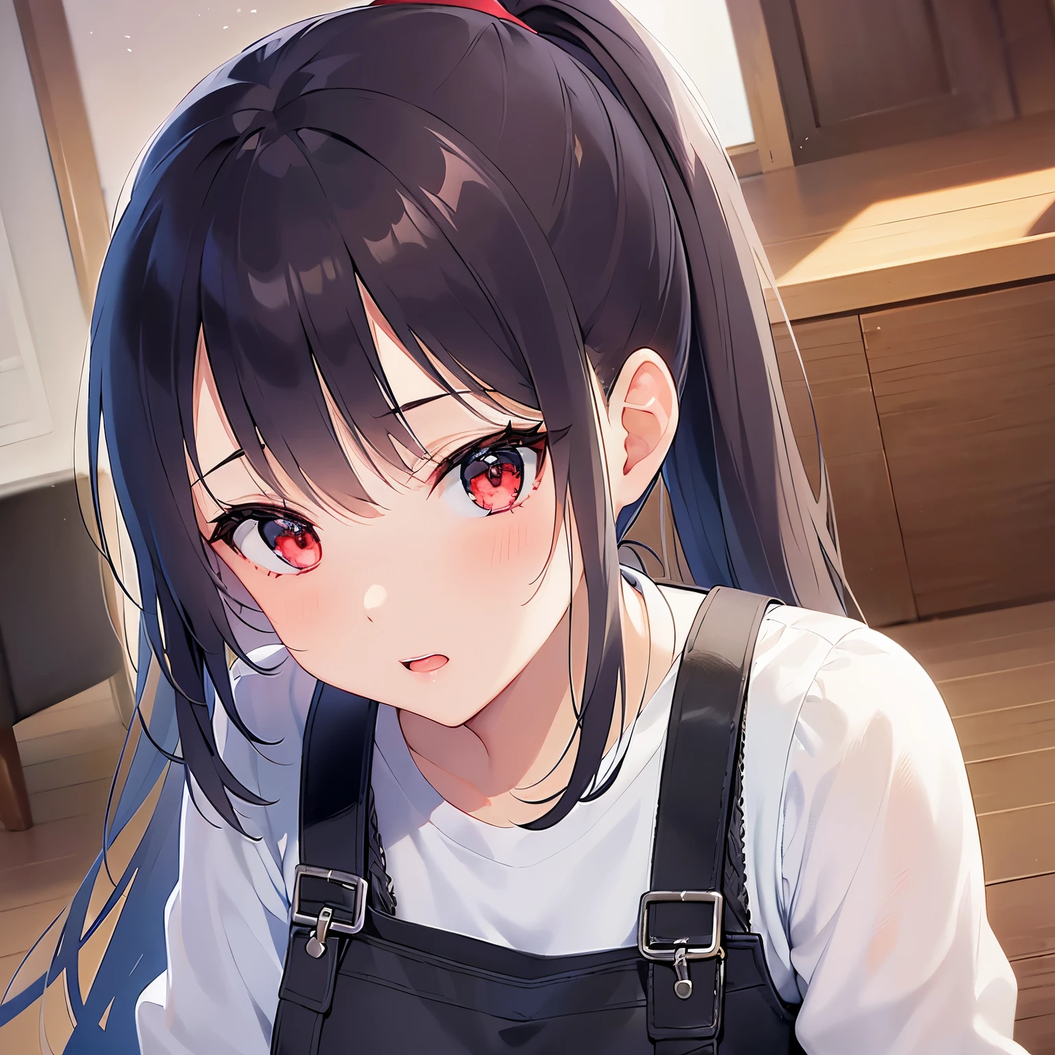 Upper Body, shiny skin, japanese idol、shiny hair、(25 year old woman with black bangs) and (ponytail) and (red eyes), (White long Sleeve foemal shirt), Wearing a black apron、(confused:1.3), The background is the living room、sitting at the dining table
