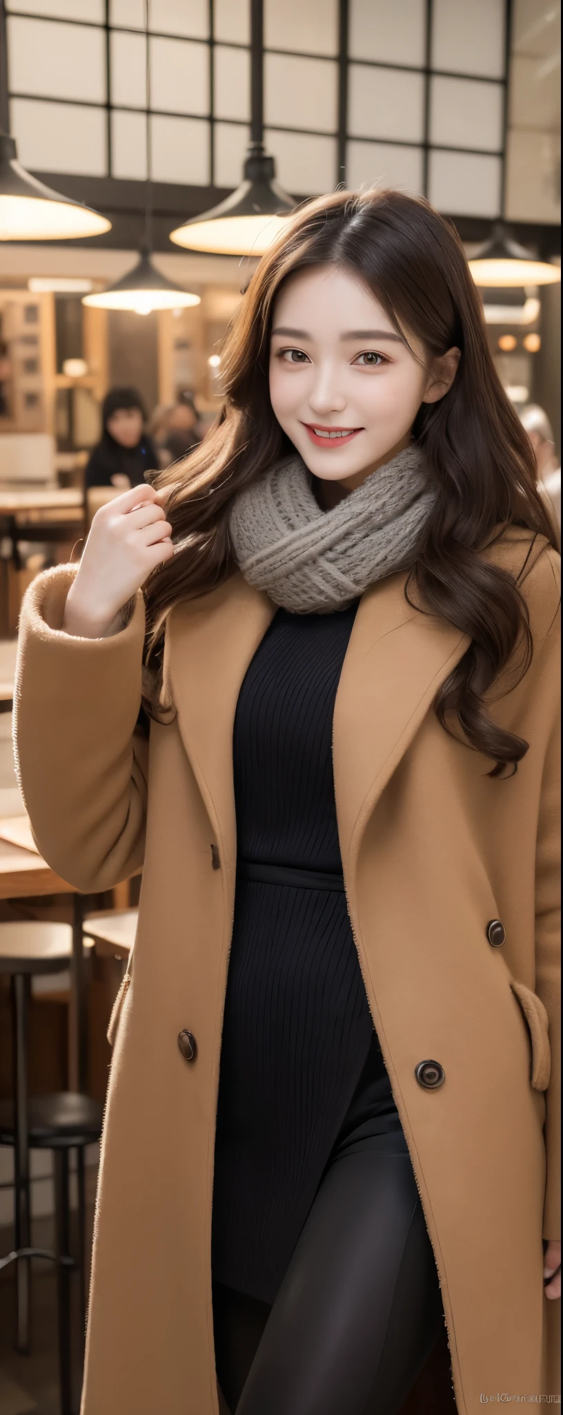 (8k, RAW photos, top quality, masterpiece: 1.2, ultra detailed, super resolution, real photos: 1.37), (Full body photo), 1 noble elegant Japanese lady, (standing contrapposte), winter season, ((black color coodinate, wearing over-size nouton coat, winter fluffy scarf, grey long skirt, legging, wearing long boots)), Shiny, Smile, Looks like 1.8 meters tall, large pelvis, Large breasts, big cuvy hips, Thin waist, Long legs, skin hyper-detail, 20 years old, Perfect face, (Detailed facial features), Wavy hair, Daylight, winter season, snazzy cafe,