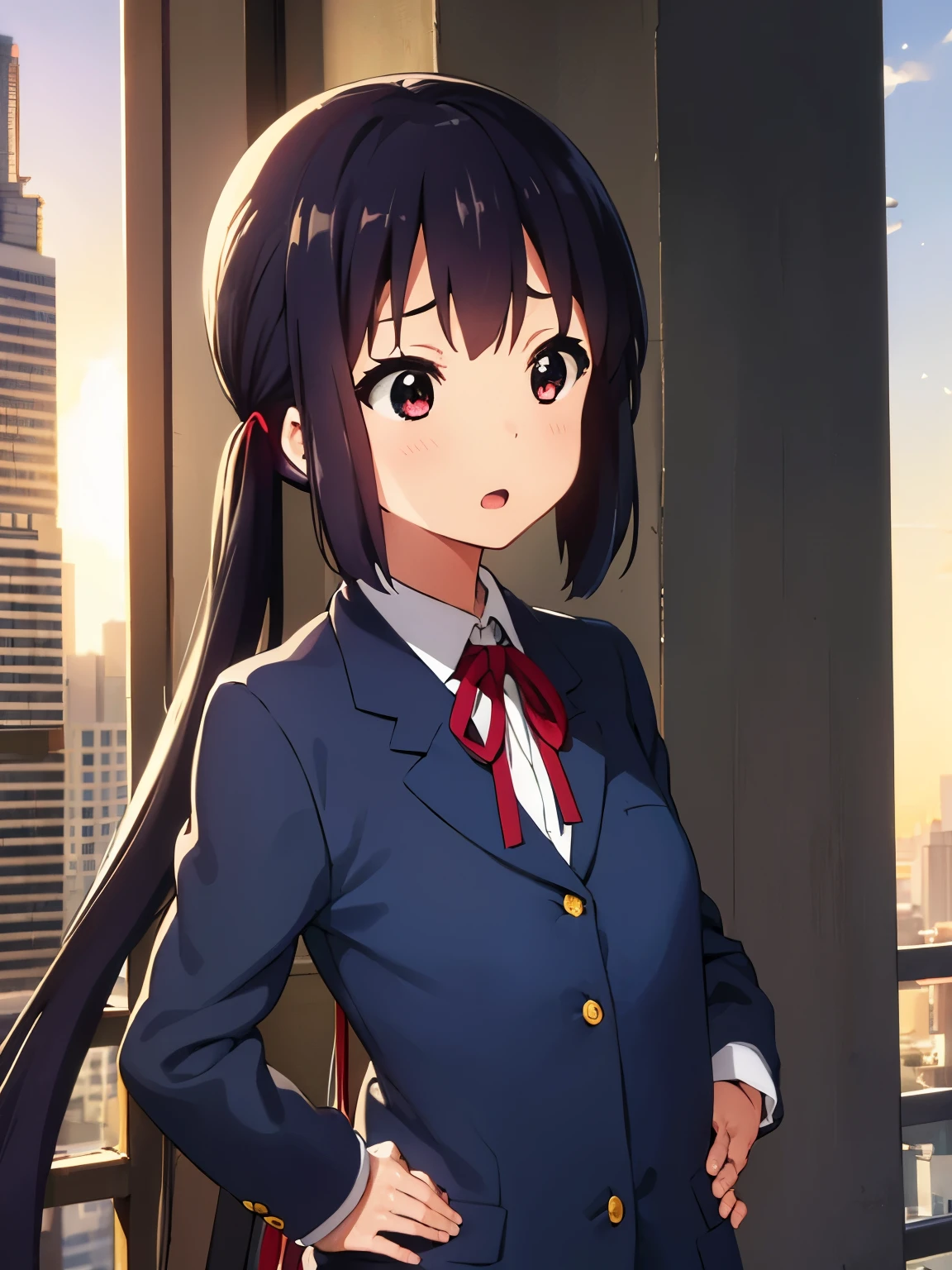 1girl, (((masterpiece))), top-quality, top-quality, High Details, nakano azusa, 1girl, Sakuragaoka High School Uniform, student clothes, Twin-tailed, length hair, A dark-haired, brown-eyed, 独奏, reddish, Dark blue blazer with thin red ribbon, Solid white buttoned shirt under blazer, illustratio, comic strip, soothing tones, Subdued Color, Soft cinematic light, adobe lightroom, photolab, HDR, intricately and hyper-detailed、(((depth of fields))))。(((masterpiece)))。(((top-quality))).)((ultra-detailliert)))。(((illustratio)))。(((takeout))).dynamic focus.big breasts.(((Skyscrapers))).(((A city scape))).(((Face of sadness))). open mouth.(((put hands on the hip))).(((up chest))).((evening glow)).((the setting sun)).