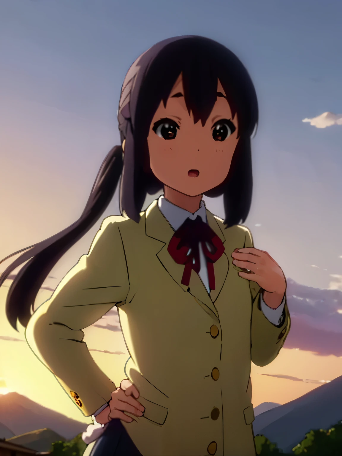 (best quality, masterpiece:1.2), 1girl, (((masterpiece))), top-quality, top-quality, High Details, nakano azusa, 1girl, Sakuragaoka High School Uniform, student clothes, Twin-tailed, length hair, A dark-haired, brown-eyed, 独奏, reddish, Dark blue blazer with thin red ribbon, Solid white buttoned shirt under blazer, illustratio, comic strip, soothing tones, Subdued Color, Soft cinematic light, adobe lightroom, photolab, HDR, intricately and hyper-detailed、(((depth of fields))))。(((masterpiece)))。(((top-quality))).)((ultra-detailliert)))。(((illustratio)))。(((takeout))).dynamic focus.big breasts.(((Mountain views))).(((A mountain scape))).(((Face of Smile))). open mouth.(((put hands on the hip))).(((up chest))).((evening glow)).((the setting sun)), solo, anime, anime screencap, ray tracing, global illumination, ultra resolution image, vivid color, cinematic light, lens flare, light on face, glow eyes, depth of field, happy, detailed background, cute, straight-on, dive dress, navel,