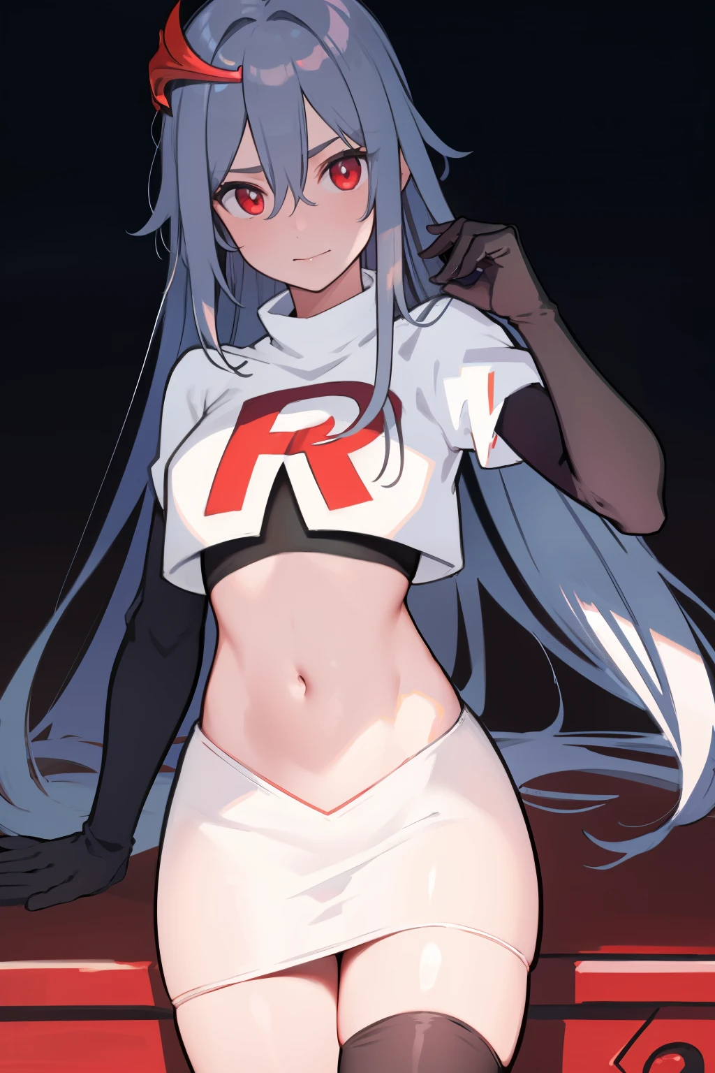 best quality, masterpiece, ultra-detailed, beautiful, highres, original, absurdres, senti,
1girl, solo, long_hair, looking_at_viewer, bangs, hair_ornament, red_eyes, hair_between_eyes, team rocket,team rocket uniform,white skirt,red letter R,crop top,black thigh-highs,black elbow gloves