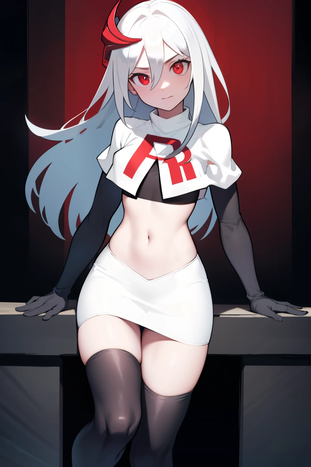 best quality, masterpiece, ultra-detailed, beautiful, highres, original, absurdres,  senti,
1girl, solo, long_hair, looking_at_viewer, bangs, hair_ornament, red_eyes, hair_between_eyes, team rocket,team rocket uniform,white skirt,red letter R,crop top,black thigh-highs,black elbow gloves