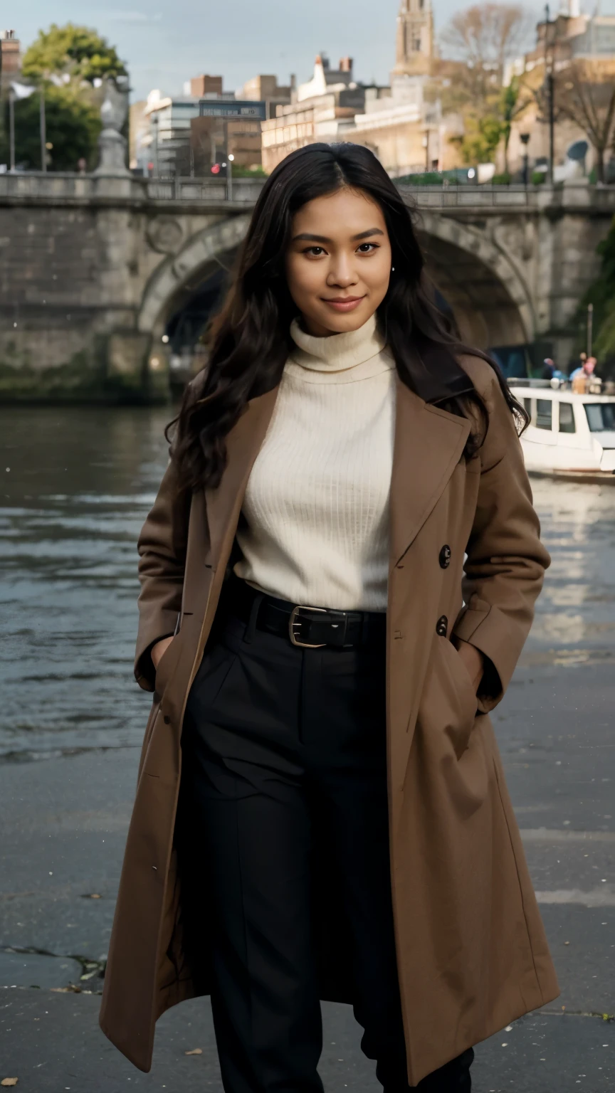 a beautiful indonesian young woman, round face, cheekbone , jaws bone, black long wavy hair, tall, big size body . standing , wear coat,belt, gloves, watch, turtle neck shirt, long pants , boots , brown smooth skin, camera shoot from distance , smooth wind, good lighting , background thames river , big ben. sunny day, smile face, sweet pose