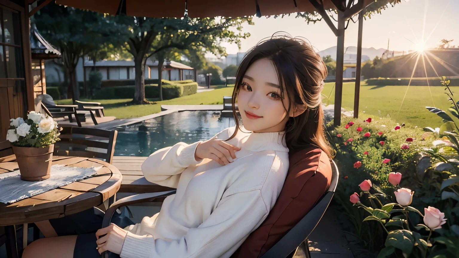 ((masterpiece)),(((bestquality))),((ultra-detailed)) realisticlying, 1 girl, korean woman, Beautiful, sit on the chair, wearing a sweater, Beautiful sunrice, solo, The sky turns red at morning, Face smile, looking to viewer, fowers, white rose, read a book, at Garden, outdoor.