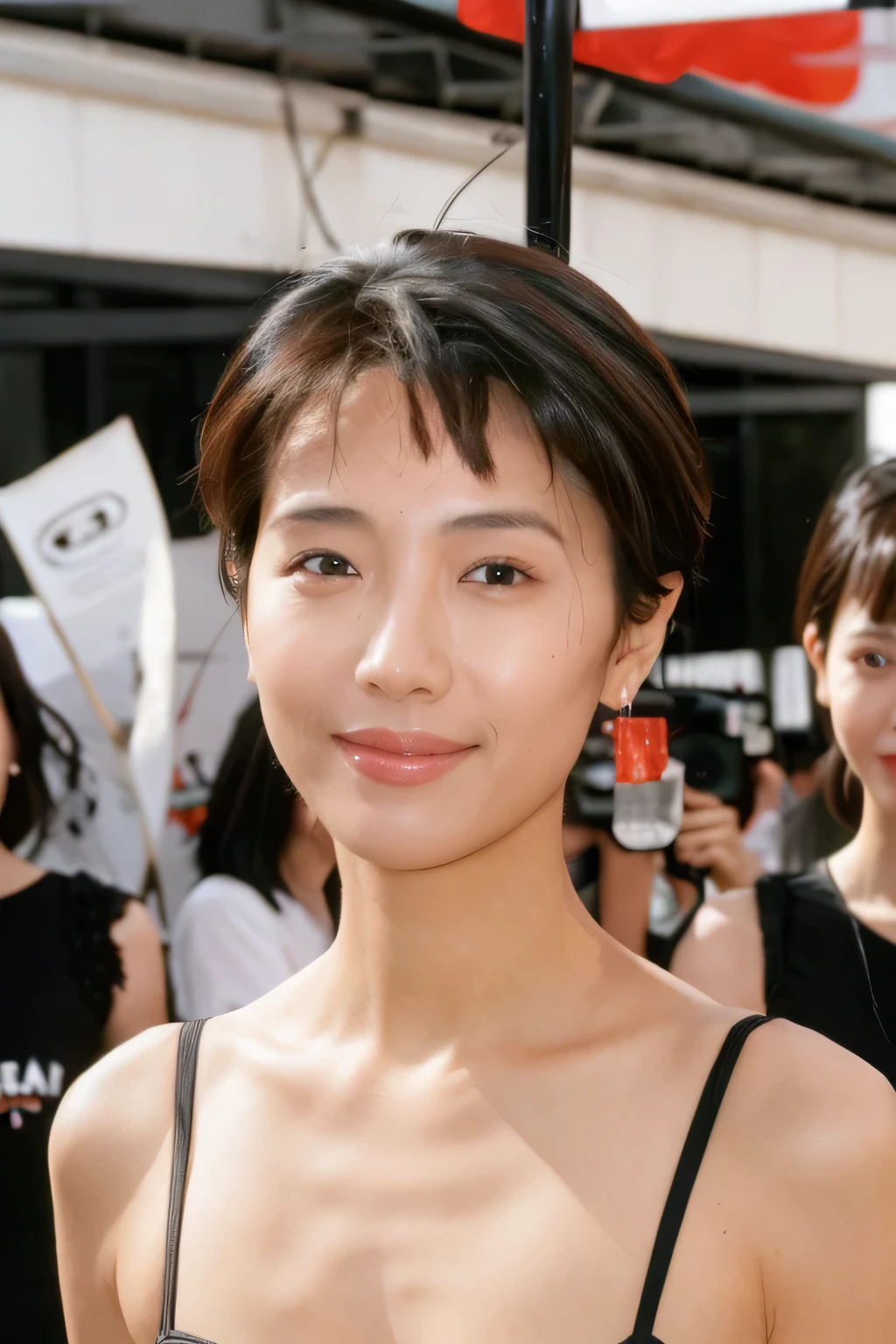 ((highest quality、8K resolution、master masterpiece、portrait:1.3)), Photoreal, 35mm film, 1 Japanese female,Beautiful woman, On the street in the daytime, wrinkles around the eyes, plump body,boyish_pixie cut,((sexy lingerie:1.3)) , (outdoor_city street: 1.3), jumbled background,look at the audience