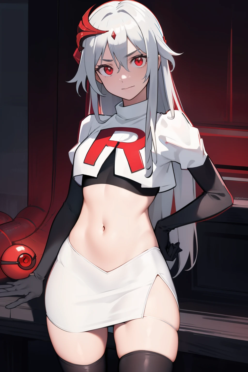 best quality, masterpiece, ultra-detailed, beautiful, highres, original, absurdres,  senti,
1girl, solo, long_hair, looking_at_viewer, bangs, hair_ornament, red_eyes, hair_between_eyes, team rocket,team rocket uniform,white skirt,red letter R,crop top,black thigh-highs,black elbow gloves