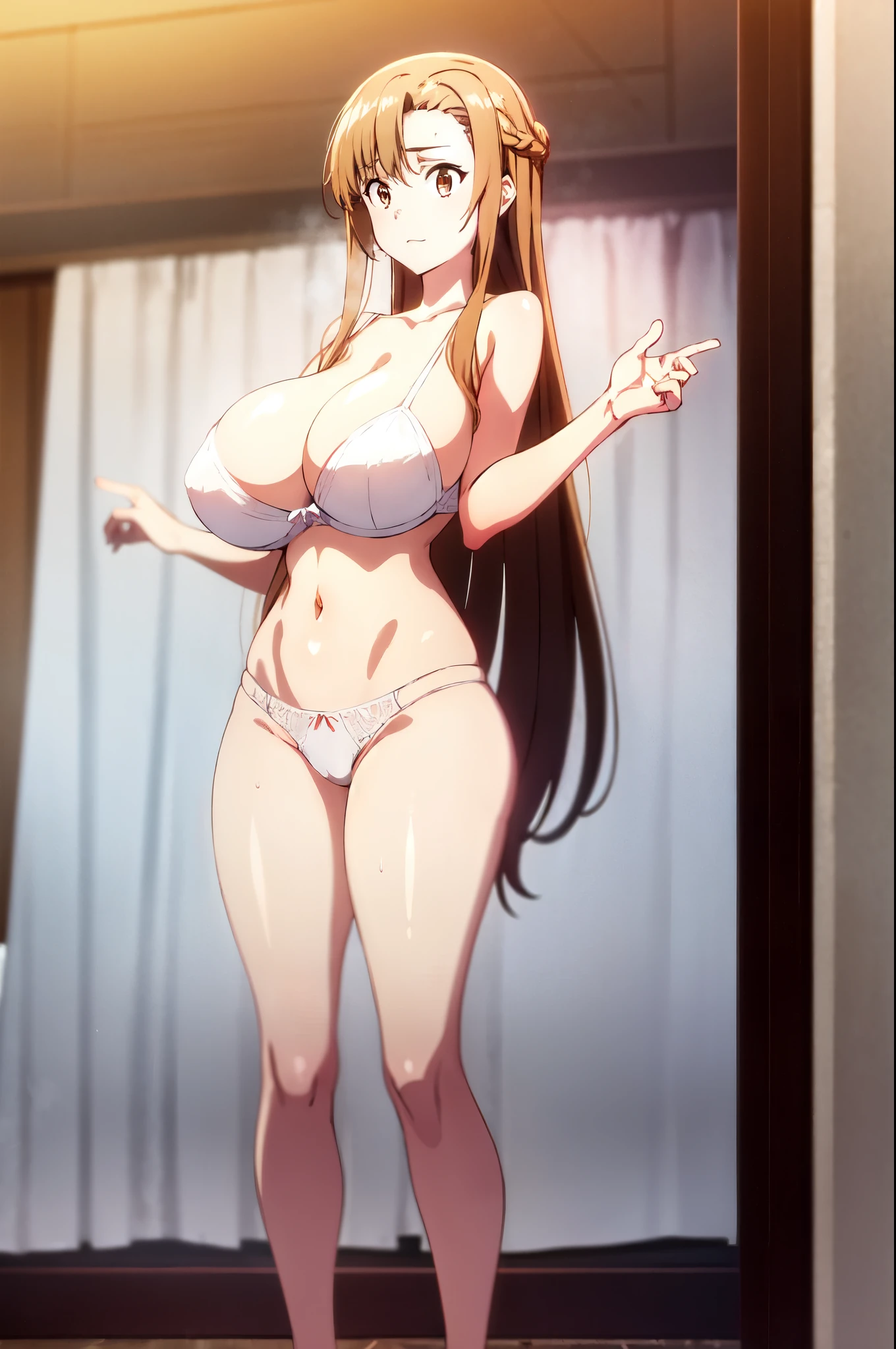 anime screencap, 1girl, solo, long hair, brown hair, brown eyes, standing, big thighs, braid, indoors, white panties, naked, massive breasts, white bra, curtains, holographic interface, asuna (sao), nsfw