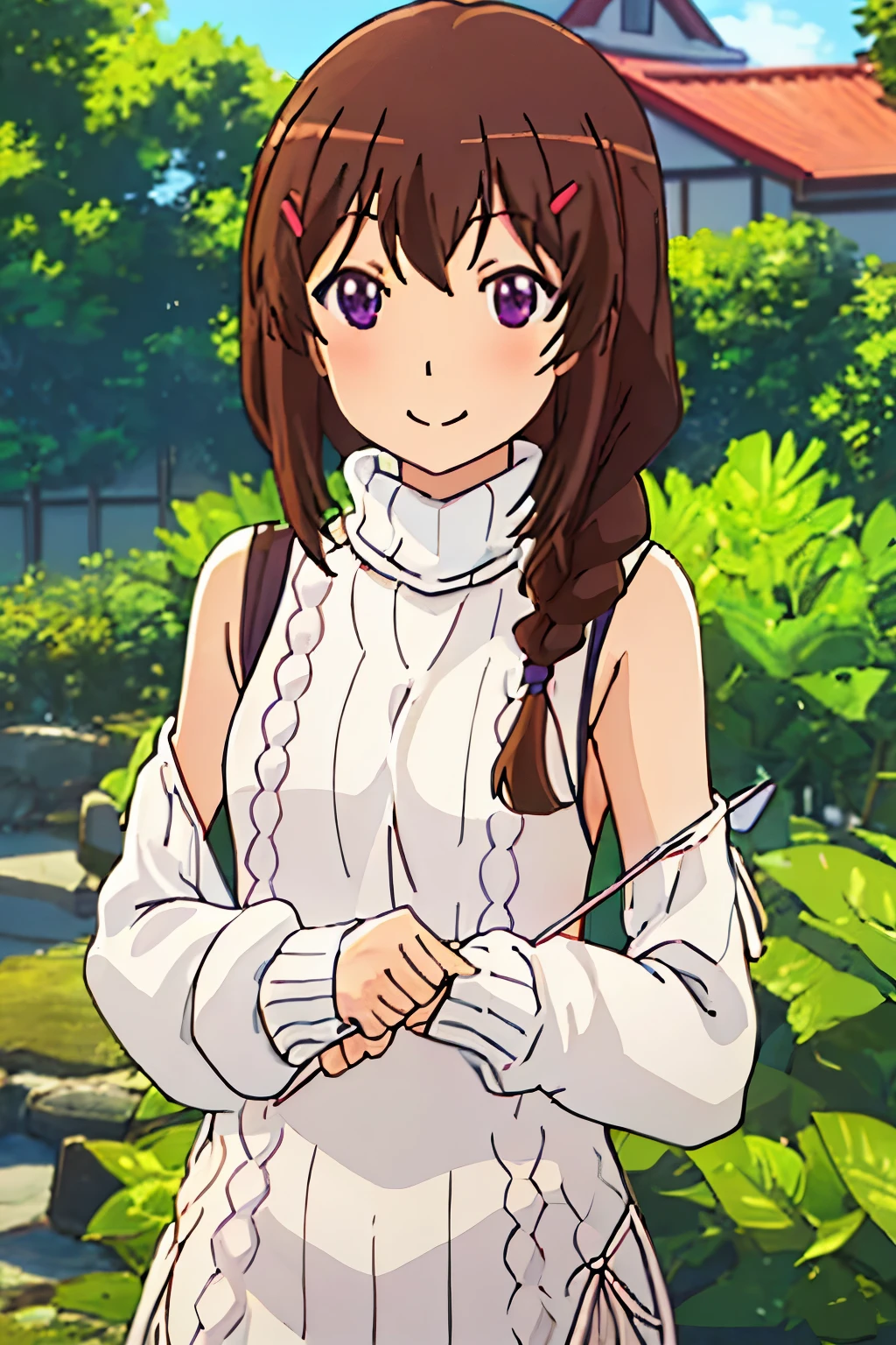 highest quality, High resolution, alone, {Fujinomiya_Konomi_Non Non Biyori:1.15}, Brown_hair, hair_ornament, 髪clip, length_hair, purple_eye, Braid, smile, blush, 1 girl, anime_Coloring, Day, hair_that&#39;s all_shoulder, looking for_in_viewer, single_Braid, virgin killer sweater, (sweater dress:1.2), ribbed sweater, sideboob, cleavage cutout, turtleneck sweater, (white sweater:1.3), crop top navel, masterpiece