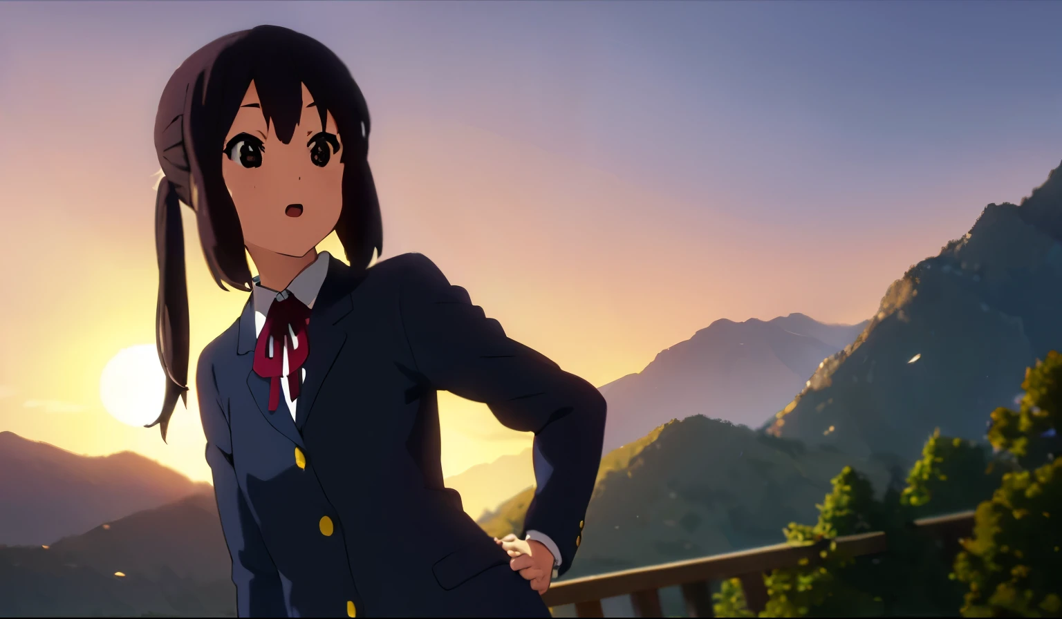 (best quality, masterpiece:1.2), 1girl, (((masterpiece))), top-quality, top-quality, High Details, nakano azusa, 1girl, Sakuragaoka High School Uniform, student clothes, Twin-tailed, length hair, A dark-haired, brown-eyed, 独奏, reddish, Dark blue blazer with thin red ribbon, Solid white buttoned shirt under blazer, illustratio, comic strip, soothing tones, Subdued Color, Soft cinematic light, adobe lightroom, photolab, HDR, intricately and hyper-detailed、(((depth of fields))))。(((masterpiece)))。(((top-quality))).)((ultra-detailliert)))。(((illustratio)))。(((takeout))).dynamic focus.big breasts.(((Mountain views))).(((A mountain scape))).(((Face of Smile))). open mouth.(((put hands on the hip))).(((up chest))).((evening glow)).((the setting sun)), solo, anime, anime screencap, ray tracing, global illumination, ultra resolution image, vivid color, cinematic light, lens flare, light on face, glow eyes, depth of field, happy, detailed background, cute, straight-on, dive dress, navel,
