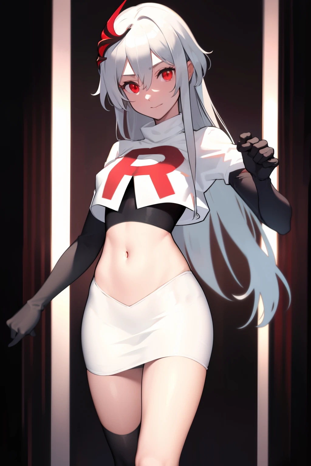 best quality, masterpiece, ultra-detailed, beautiful, highres, original, absurdres, senti,
1girl, solo, long_hair, looking_at_viewer, bangs, hair_ornament, red_eyes, hair_between_eyes, team rocket,team rocket uniform,white skirt,red letter R,crop top,black thigh-highs,black elbow gloves